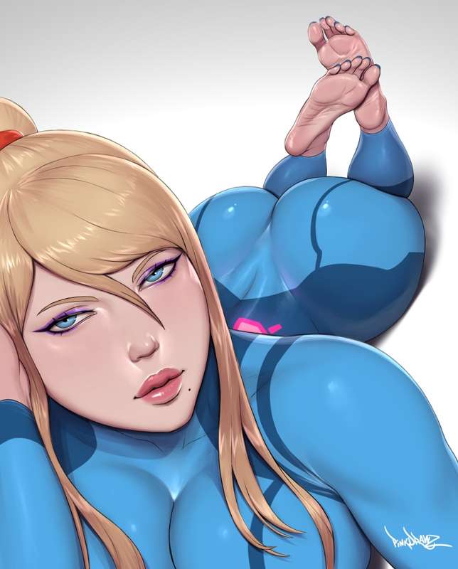 beauty mark, big ass, bimbo, blonde hair, blue eyes, female, female focus, female only, fully clothed, looking at viewer, nail polish, nintendo, pinkdrawz, samus aran, zero suit samus