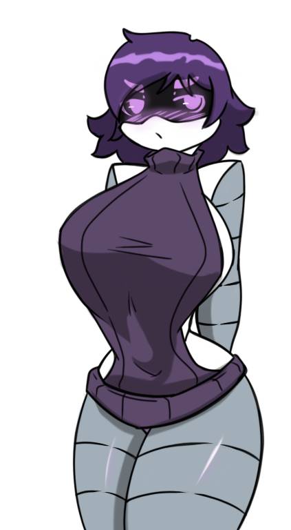 1girls, big breasts, blush, breasts, female, female focus, female only, glitch productions, legs, looking at viewer, murder drones, pace-maker, purple eyes, purple hair, robot, robot girl, thighs, uzi (murder drones), uzi doorman, voluptuous, voluptuous body, voluptuous female