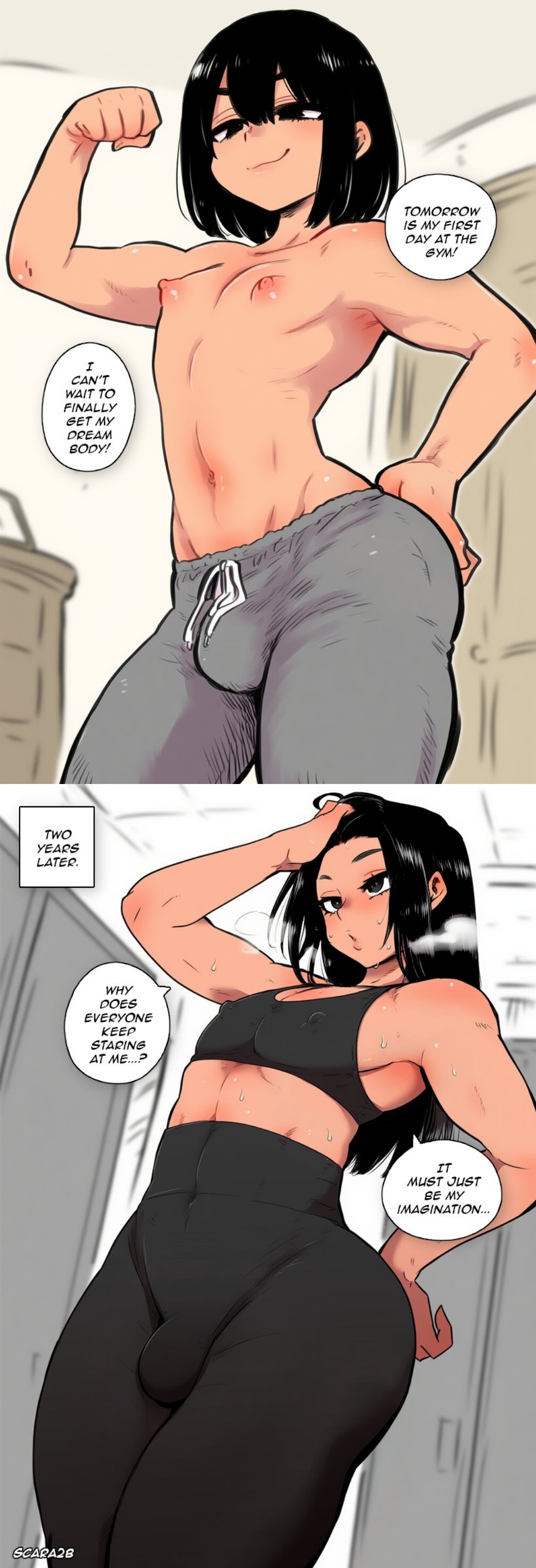 ai assisted, ai generated, black hair, black sports bra, dark skin, dark-skinned male, english text, feminine male, feminization, girly, long hair, male, male only, scara2b, scarabb, text, thick, timeskip, transformation