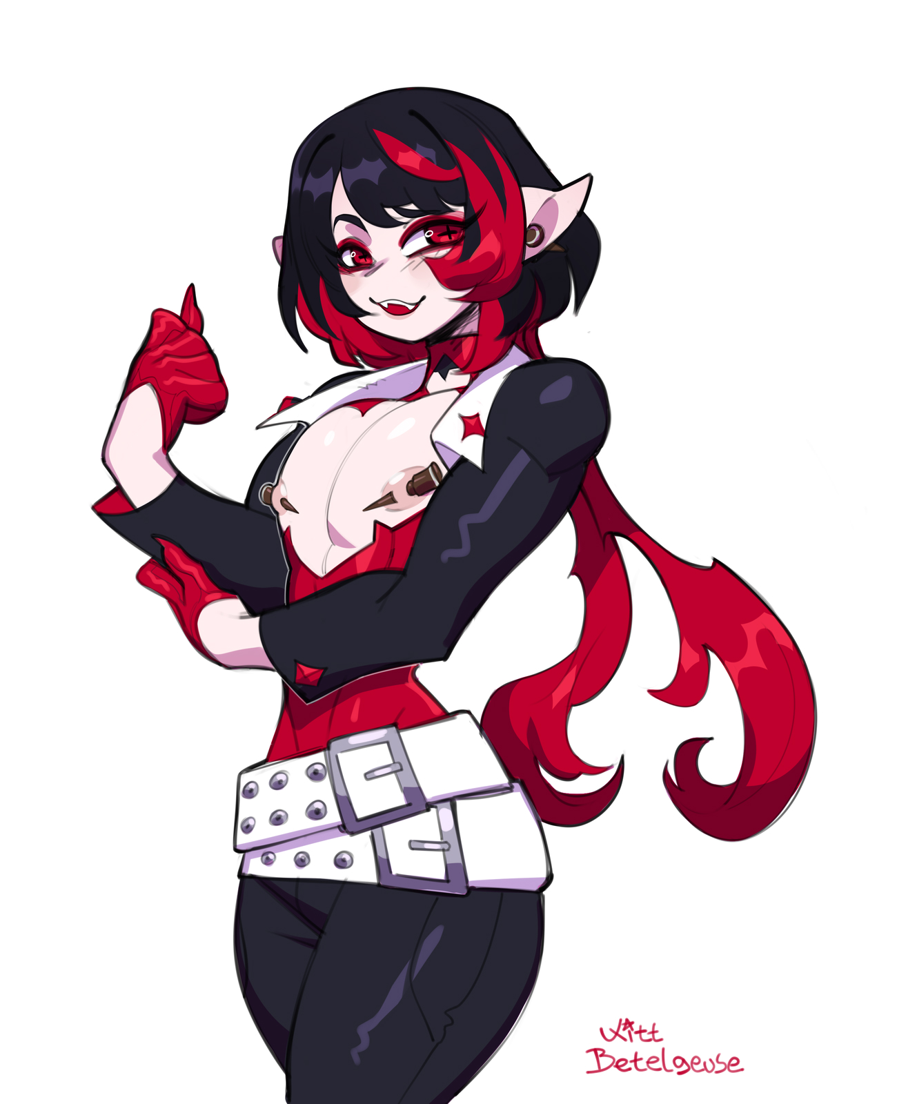 1boy, 1femboy, androgynous, androgynous male, artist name, belt, belt buckle, black hair, chest window, ear piercing, earrings, fangs, femboy, femboy focus, femboy only, gloves, goth, goth boy, gothic, kittbetelgeuse, long hair, looking at viewer, male only, nipple piercing, pale skin, pale-skinned femboy, pale-skinned male, pointy ears, red eyes, red hair, red highlights, simple background, stake, thin waist, twink, two-tone hair, vampire, vampire boy, vampire femboy, wooden stake