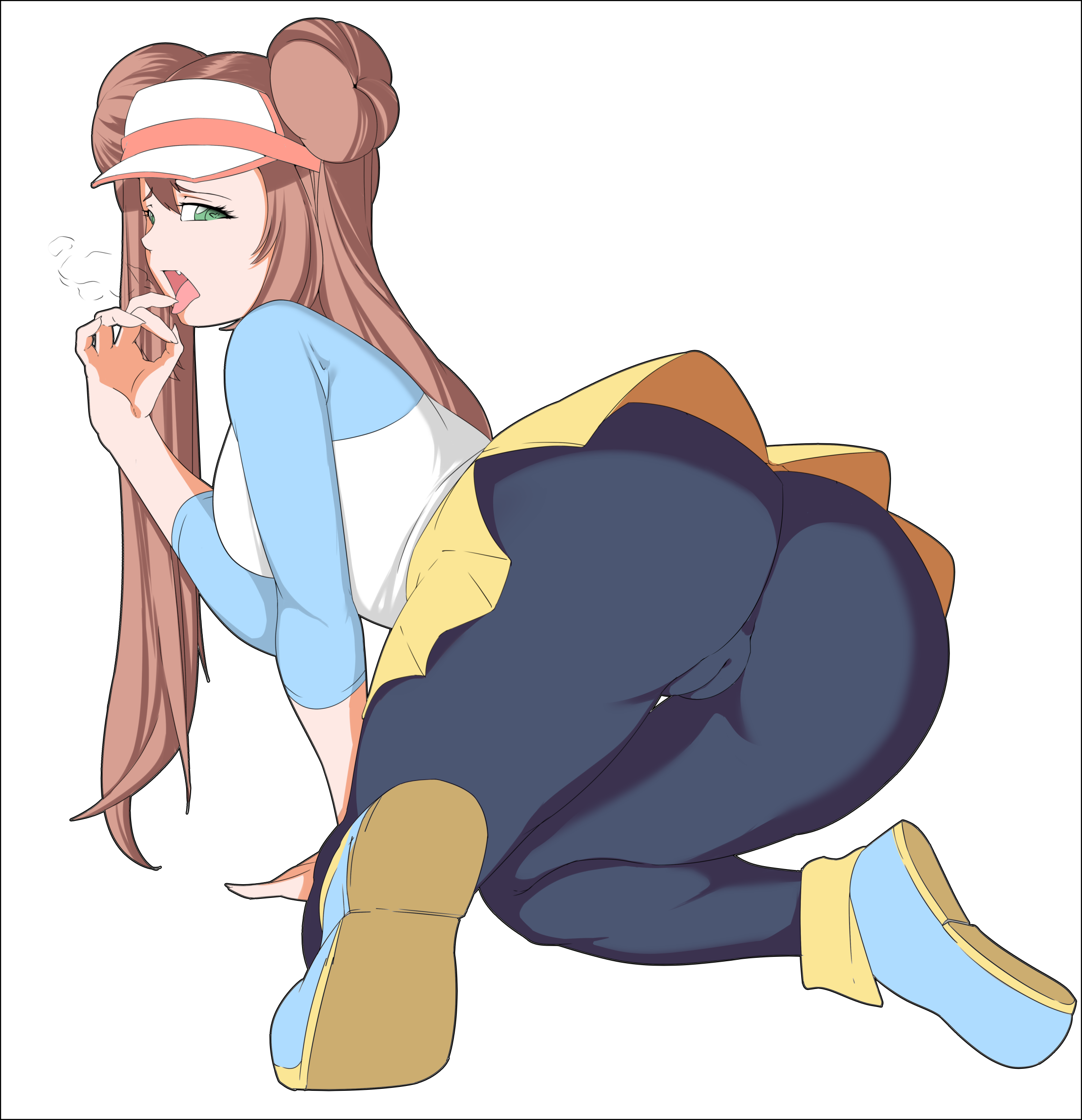 1girls, all fours, ass, big ass, blue eyes, bottom heavy, breasts, brown hair, cameltoe, double bun, eye contact, female, female protagonist, leggings, light skin, light-skinned female, long twintails, looking at viewer, looking back, neovixtadiz, nintendo, pale skin, pale-skinned female, pokemon, pokemon bw2, pussy, rosa (pokemon), thick ass, thick thighs, thighs, twintails, white background
