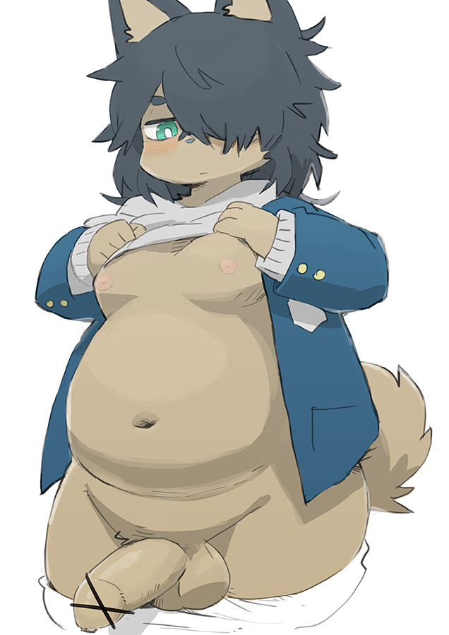 anthro balls belly biped black_hair blush bottomwear canid canine canis censored clothed clothing curled_tail deep_navel domestic_dog erection fingers foreskin fur genitals green_eyes hair hair_over_eye humanoid_genitalia humanoid_hands humanoid_penis jacket kemono looking_at_viewer male male_only mammal monotone_body monotone_fur monotone_hair moobs navel nipples one_eye_obstructed open_clothing open_jacket open_topwear overweight overweight_anthro overweight_male pants pants_down partially_clothed penis raised_clothing raised_shirt si_ra_ta_ma3 simple_background solo standing tan_body tan_fur topwear unretracted_foreskin white_background