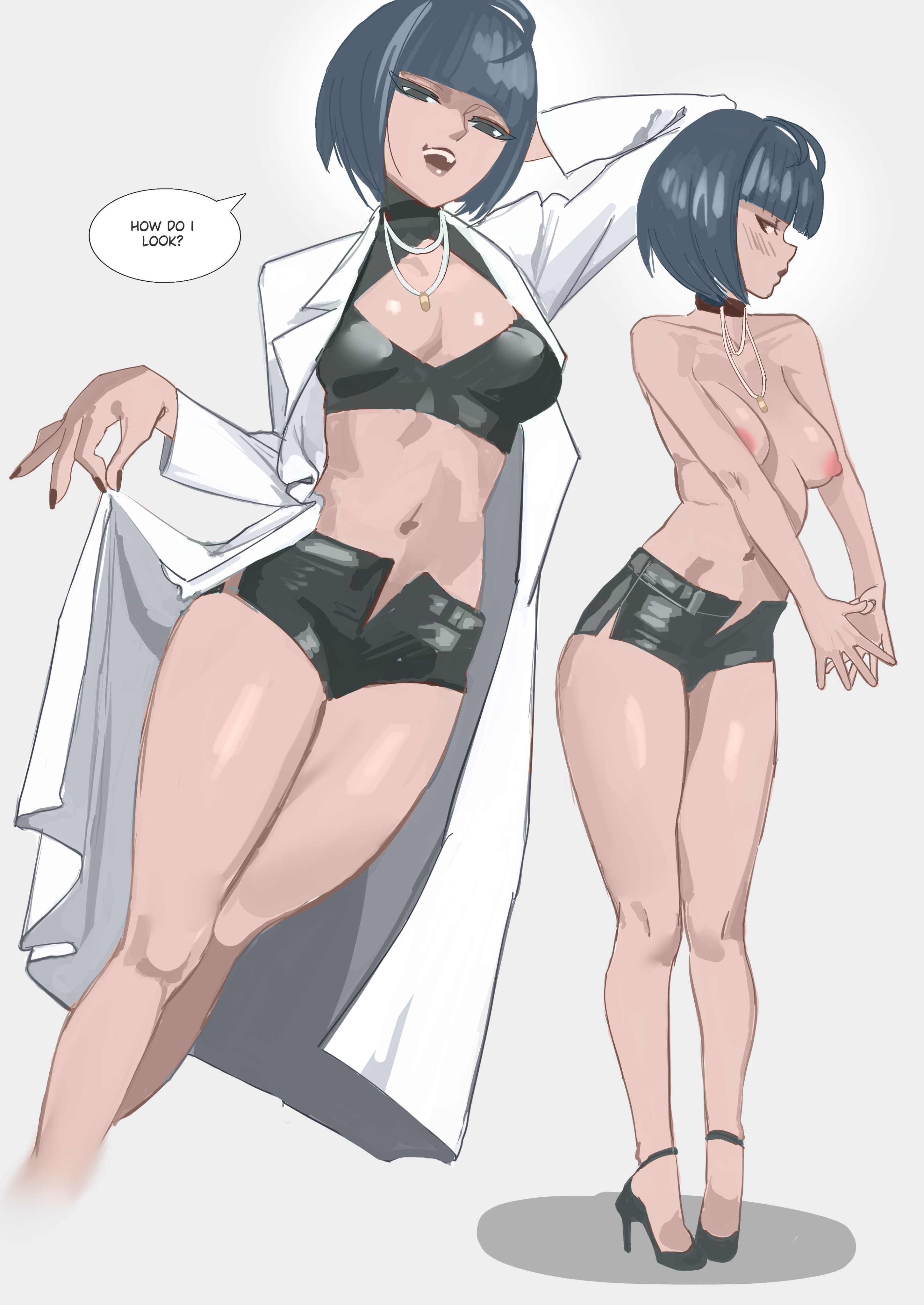 ?, 1girls, 2026, asking viewer, blue hair, breasts, choker, doctor, female, female only, high heels, idarasen, labcoat, looking at viewer, nipples, no sex, persona, persona 5, shorts, simple background, solo, solo female, tae takemi, topless, white background