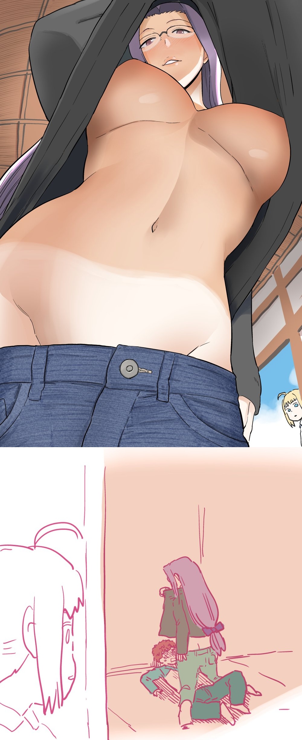 1boy, 2girls, ahoge, artoria pendragon (fate), black sweater, blonde hair, blush, boobs, bow, breasts, caught, clothes lift, denim, emiya shirou, fate (series), fate/stay night, glasses, green eyes, hair bow, highres, hourglass figure, indoors, jeans, kneeling, large breasts, long hair, looking down, medusa (fate), medusa (rider) (fate), mo (kireinamo), multiple girls, navel, nipples, no bra, pants, parted lips, partially colored, pov, purple hair, rider, saber, showing breasts, showing off, sweater, sweater lift, tits, underboob, upshirt, very long hair, walk-in