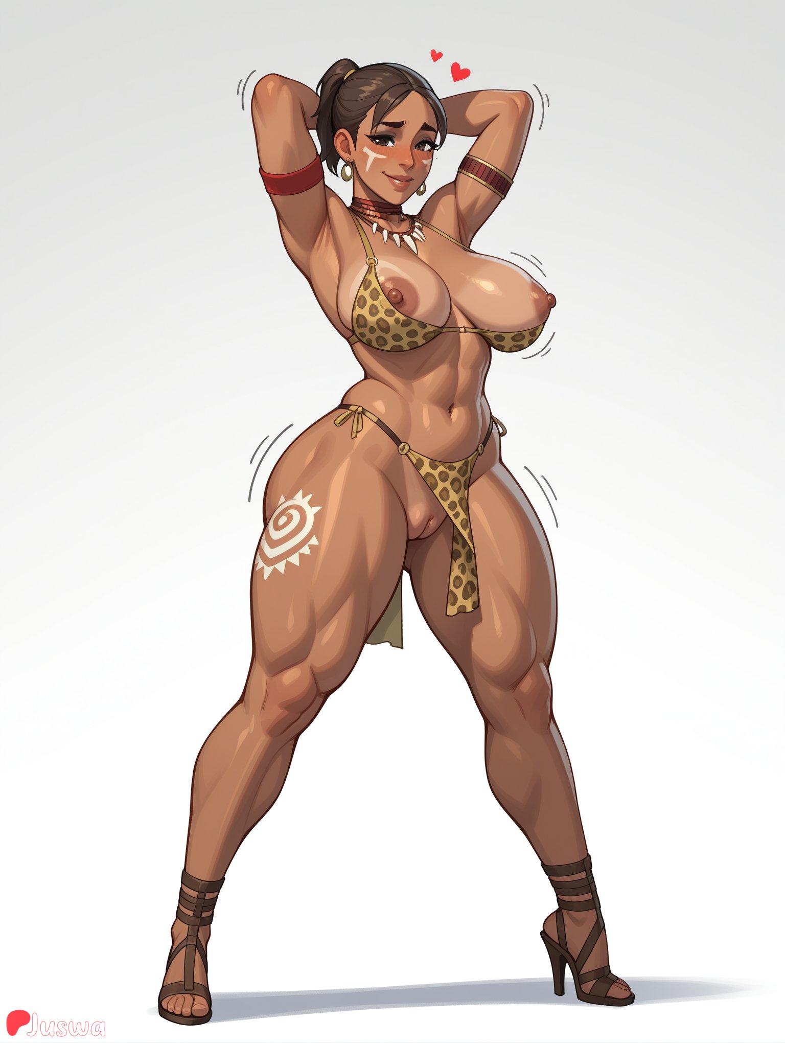 abs, ai generated, animal print, armband, armlet, armpits, arms behind head, arms up, bikini, blush, breasts, brown eyes, brown hair, cute, dark nipples, dark skin, dark-skinned female, earrings, facial mark, female, female only, full body, heart, high heels, huge ass, huge breasts, jewelry, juswa, large ass, large breasts, leg tattoo, leopard print, looking at viewer, muscular, muscular female, navel, necklace, nipples, ponytail, pussy, sandals, solo, standing, swimsuit, tattoo, thicc, thick thighs, thighs, tribal, uncensored
