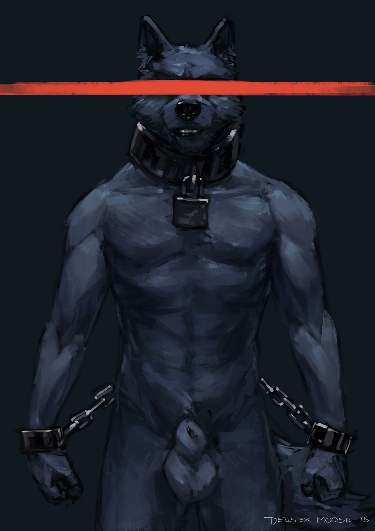 2018 animal_genitalia anthro balls bondage bound canid chained chains collar cuffs_(disambiguation) deusexmoose fully_sheathed genitals hi_res lock male male_only mammal nude sheath simple_background solo