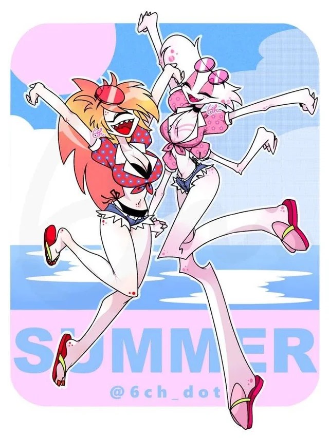 1boy1girl, 4 arms, 4 fingers, angel dust (hazbin hotel), arms out, arms outstretched, bathing suit, beach, belly button, best friends, big breasts, big feet, bikini, black bikini, blue sky, booty shorts, bright sky, busty boy, cherri bomb, choker, cosmetics, crop top, cute, cyclops girl, eyeliner, eyes closed, eyeshadow, female, femboy, flip flops, freckles, friends, friendship, full body, fuzzy body, happy, hazbin hotel, hazbin hotel (season 2), jorts, jumping, long legs, makeup, mascara, navel, not porn, ocean background, ocean waves, outdoors, outside, painted nails, painted toenails, pedicure, pink fur, pink hair, pink shirt, pink sun, pink sunglasses, polka dots, red sunglasses, revealing clothes, ripped shorts, safe, safe for work, sandals, sexy, sfw, skinny, sky, small feet, small shorts, small waist, smiling, spider, spots, spotted fur, summer, sunny day, super happy, tagme, tagme (artist), thighs, tied shirt, unbuttoned shirt, waves, white body, white fur, white skin, yellow hair