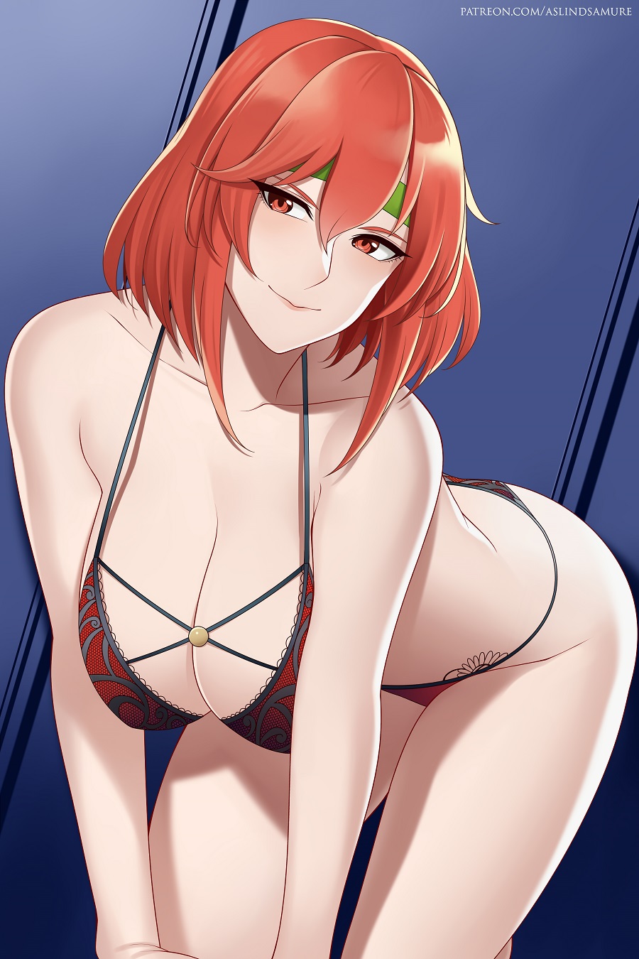 1girls, alternate breast size, aslindsamure, bent over, big breasts, bikini, bra, breasts, cleavage, female, female only, fire emblem, fire emblem: mystery of the emblem, fire emblem: shadow dragon and the blade of light, headband, large breasts, looking at viewer, minerva (fire emblem), nintendo, panties, red eyes, red hair, short hair, smile, solo, solo female, solo focus