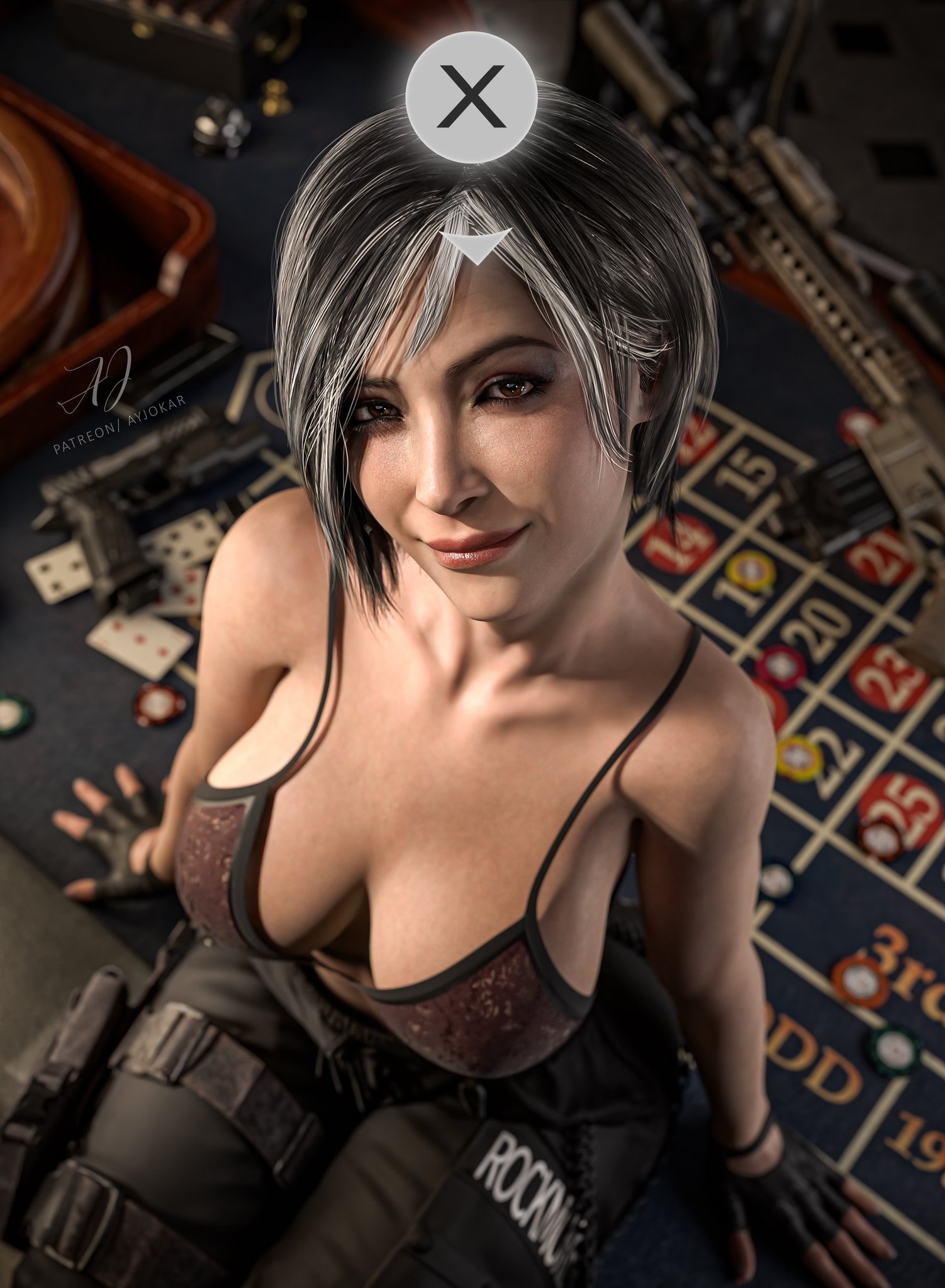 1girls, 3d, ada wong, ada wong (adriana), aged up, aged up character, aged up female, ayjokar, biohazard, black gloves, black hair, blackjack table, bra, breasts, capcom, casino, cleavage, female, female only, fingerless gloves, firearm, gameplay mechanics, gilf, gloves, gray hair, gun, handgun, jokar, leather gloves, mature female, milf, old woman, older, older female, pants, resident evil, short hair, sitting, smile, smiling, solo, solo female, solo focus, standing, twitter, video game character, video game franchise, video games