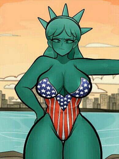 1girls, angry, big breasts, breasts, city, city background, female, female focus, female only, lady liberty, legs, long hair, looking at viewer, pussy, river, statue, statue of liberty, thighs, united states of america