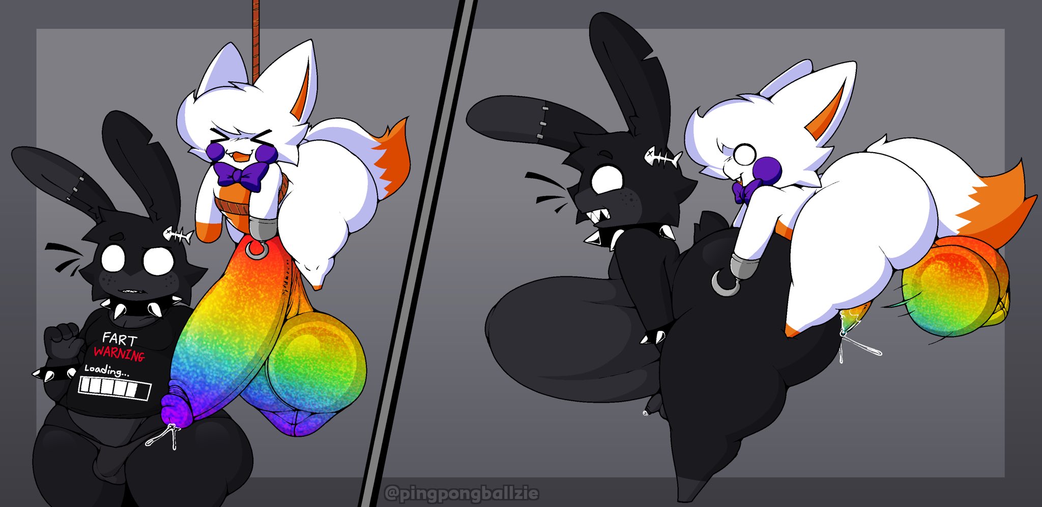 2boys, anal sex, five nights at frickbears, five nights at frickbears 3, gay, gay sex, huge balls, huge cock, hyper penis, lolbit (fnaf), lolbit (frickbears), male only, pingpongballzie, rope harness, small penis, stomach bulge, tagme