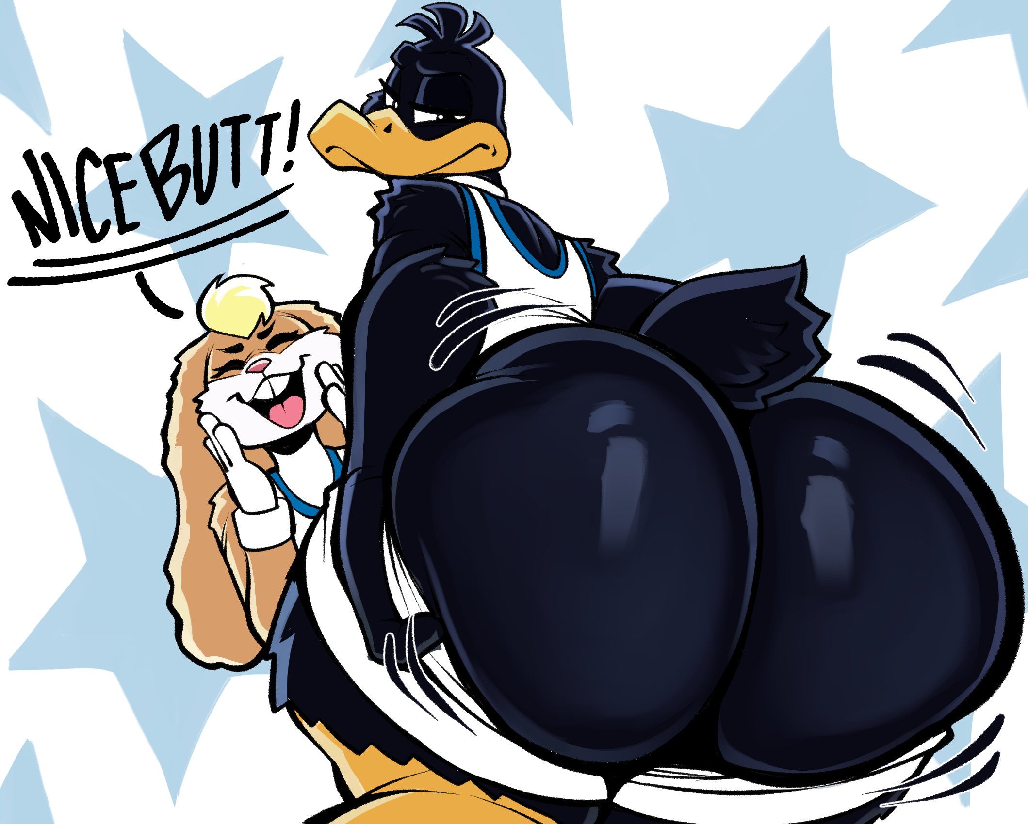 2d, 2d (artwork), 2d artwork, anthro, ass, beak, big ass, black body, black fur, breasts, bunny, daffy duck, duo, female, femboy, hair, huge ass, lips, lola bunny, looney tunes, male, male focus, nathanatwar, thick, thick ass, thick butt, thick hips, thick legs, thick thighs, warner bros, warner brothers, whateverdoes, wide ass, wide hipped anthro, wide hips, wide thighs