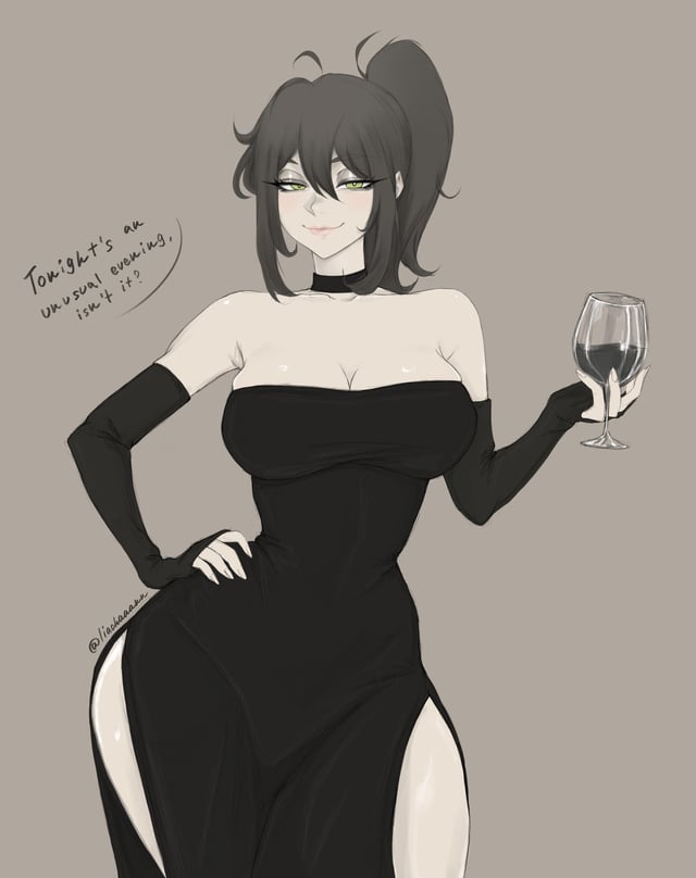 bare shoulders, black dress, breasts, cleavage, cocktail dress, dress, female, hand on own hip, holding wine glass, large breasts, liachaaann, non-web source, renee graves, the coffin of andy and leyley, wide hips