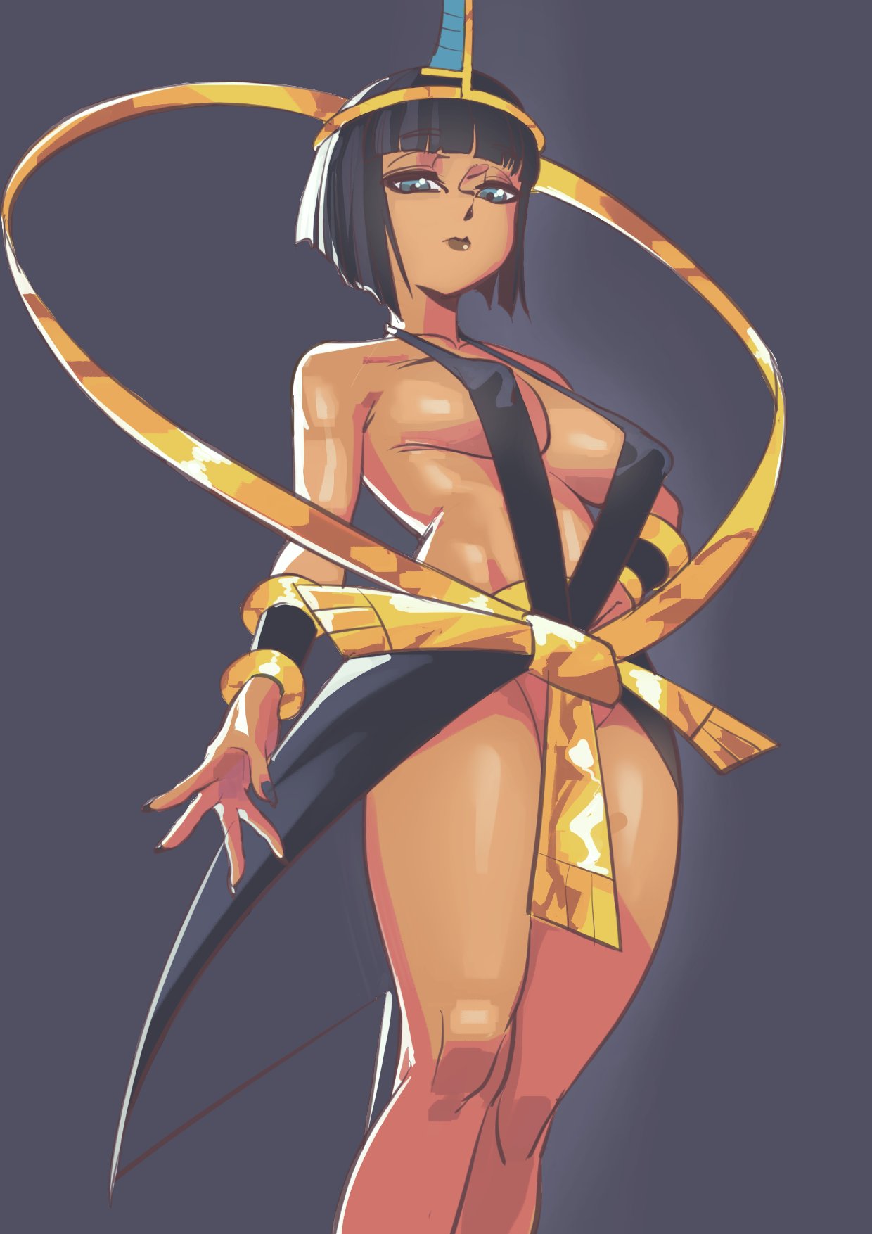 1girls, big breasts, black hair, breasts, dark skin, dark-skinned female, egyptian, egyptian female, eliza (skullgirls), erect nipples, female, female only, idarasen, nipple bulge, questionable, revealing clothes, skimpy, skullgirls, sling bikini, solo, solo female