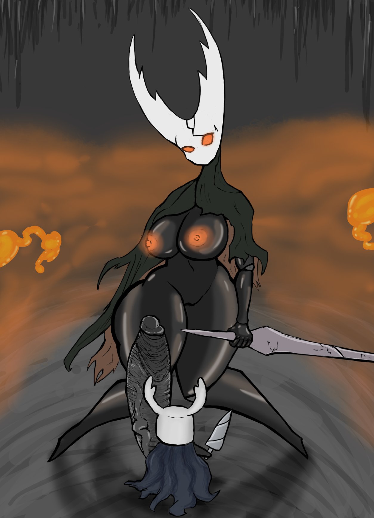 anthro hollow_knight hollow_knight_(character) huge_cock humanoid hyper_penis insect large_breasts large_penis piekiller5 protagonist_(hollow_knight) rule_63 shiny_skin siblings size_difference small_but_hung smaller_male tagme team_cherry thick_thighs torn_clothes