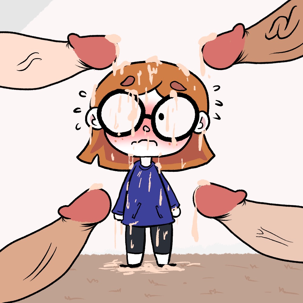 bluejr, blush, bukkake, cum, cum everywhere, cum in hair, cum on body, cum on clothes, cum on face, cum on glasses, cum on ground, frown, glasses, illymation, ilyssa levy, male, multiple penises, penis, standing, youtube, youtuber