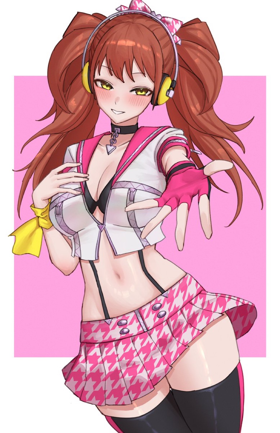 1girls, atlus, black bra, black thighhighs, blush, bra, brown hair, choker, headgear, kujikawa rise, kujikawa rise (dancewear), navel, official alternate costume, persona, persona 4, persona 4: dancing all night, reaching towards viewer, skirt, thighhighs, turnipdish, twintails, yellow eyes