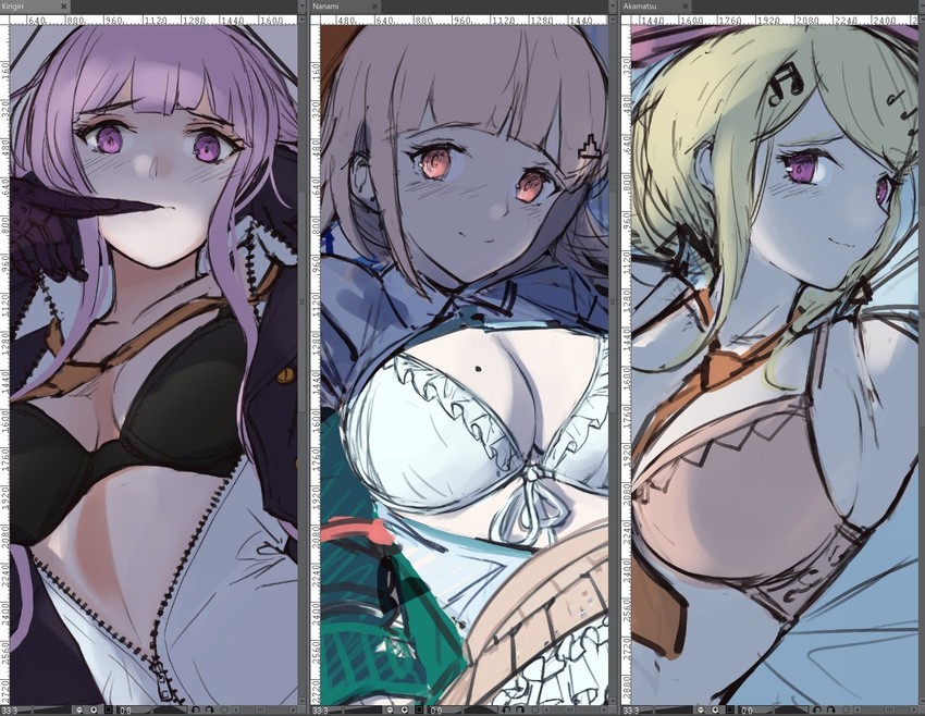 2020 3girls akamatsu_kaede armpits bed bedroom black_bra blush bra braid breasts collage danganronpa danganronpa:_trigger_happy_havoc danganronpa_1 danganronpa_2:_goodbye_despair danganronpa_v3 female female_only gloves hair_ornament hairpin indoors ippers jacket kirigiri_kyouko light_purple_hair long_hair looking_at_viewer lying_down lying_on_bed medium_breasts multiple_girls musical_note_hair_ornament nanami_chiaki necktie on_back open_clothes open_jacket orange_neckwear pink_bra pink_skirt purple_eyes purple_hair ribbon_bra side_braid sketch skirt smile smiling straight_hair super_danganronpa_2 underwear upper_body violet_eyes work_in_progress zipper zipper_pull_tab