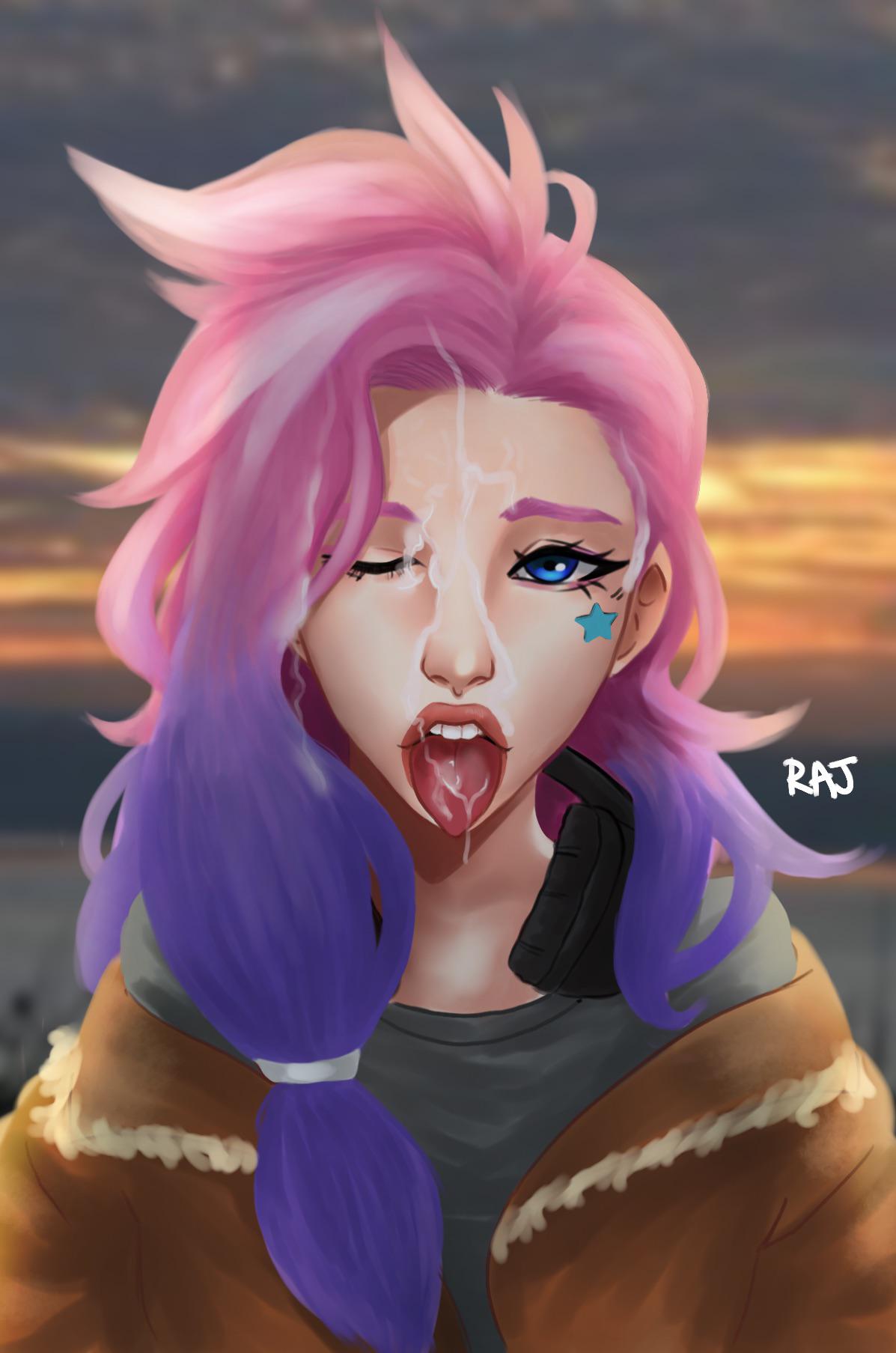 after oral, ahe gao, blue eyes, cum, cute, facial, female, league of legends, oral, petite, pink hair, purple hair, rajangnsfw, riot games, seductive mouth, seraphine (league of legends), tongue, tongue out, two-tone hair