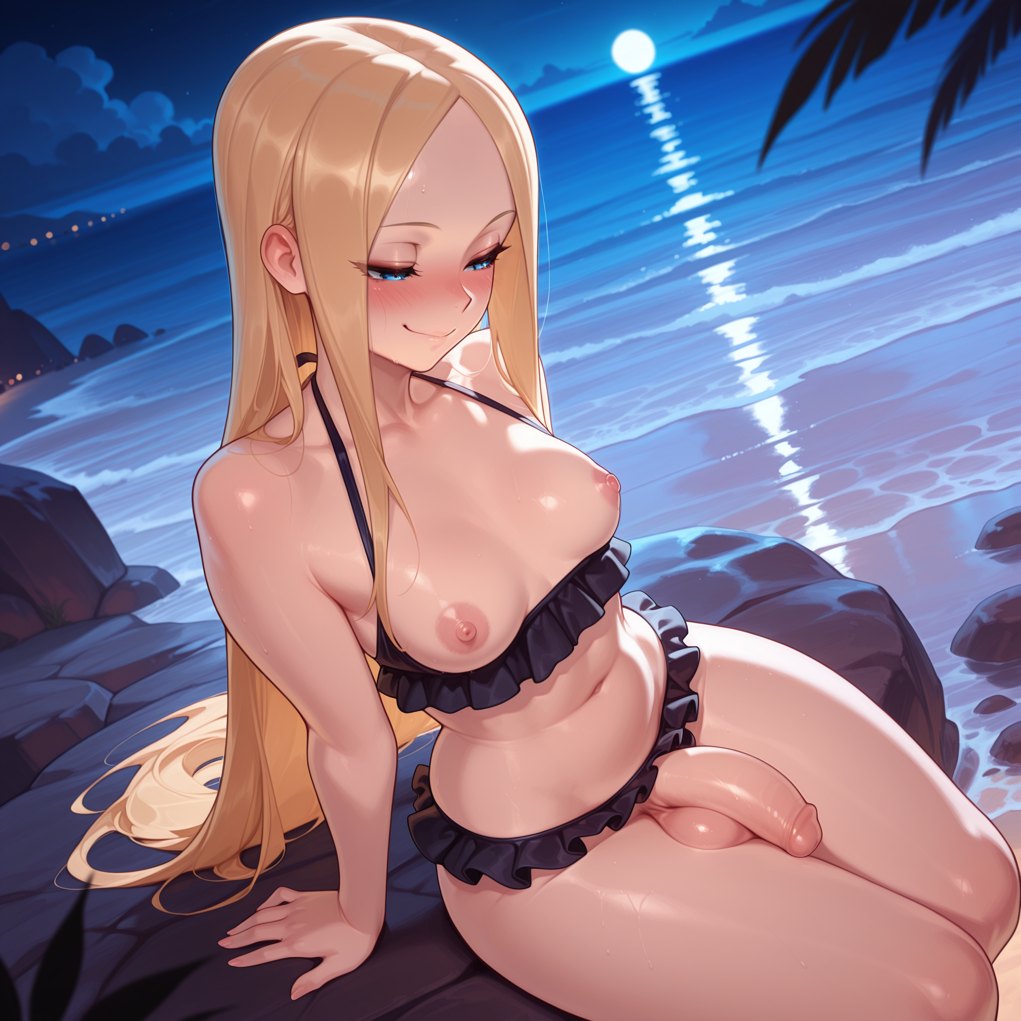 1futa, abigail williams (fate), ai generated, bangs, bare shoulders, beach, bikini, black bikini, blonde hair, blue eyes, blush, breasts, clauss, closed mouth, clothes pull, collarbone, fate (series), fate/grand order, forehead, frilled bikini, frills, futa only, futanari, light-skinned futa, long hair, moon, navel, night, night sky, nipples, ocean, outdoors, parted bangs, penis, sitting, sky, small breasts, smile, solo, swimsuit, testicles, thighs, uncensored, water
