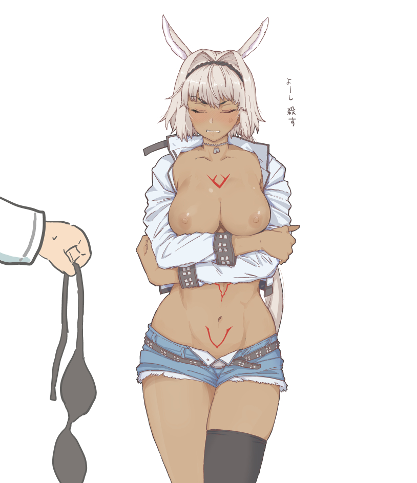 1girls, anger vein, armor, bikini, black bikini, blush, body markings, caenis (fate), chaldea uniform, closed eyes, cowboy shot, cutoffs, dark skin, dark-skinned female, dog tags, eyebrows visible through hair, eyes closed, fate (series), fate/grand order, faulds, fujimaru ritsuka (male), jacket, mo (kireinamo), navel, nipples, no bra, simple background, single thighhigh, studded jacket, swimsuit, tattoo, thighhighs, unworn bikini, unworn bikini top, white background, white hair