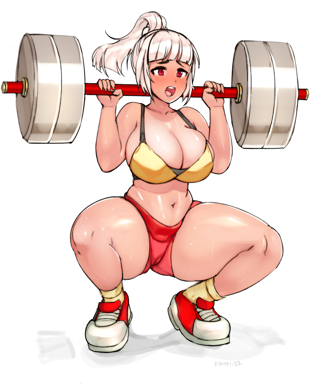 1girls, athletic, athletic female, big breasts, breasts, cleavage, curvy, curvy figure, female, huge breasts, keigi (artist), lifting, midriff, muscular, muscular female, open mouth, red eyes, red shorts, shoes, sneakers, solo, solo female, squatting, sweat, thick thighs, tied hair, voluptuous, white background, white hair, workout, workout clothes, workout clothing, workout equipment, yellow bra, yellow topwear