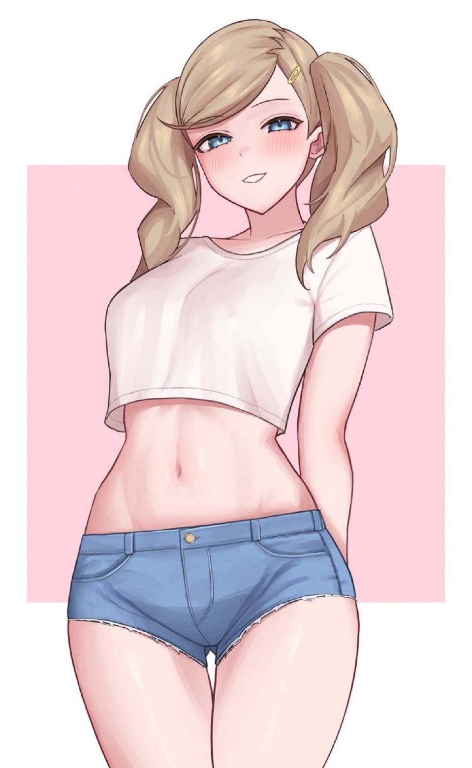1girls, ann takamaki, atlus, belly button, blonde hair, blue eyes, blush, breasts, clothed, clothed female, crop top, female, female only, human, light skin, light-skinned female, long hair, megami tensei, navel, persona, persona 5, shirt, short shorts, shorts, smile, solo, three-quarter portrait, turnipdish, white shirt