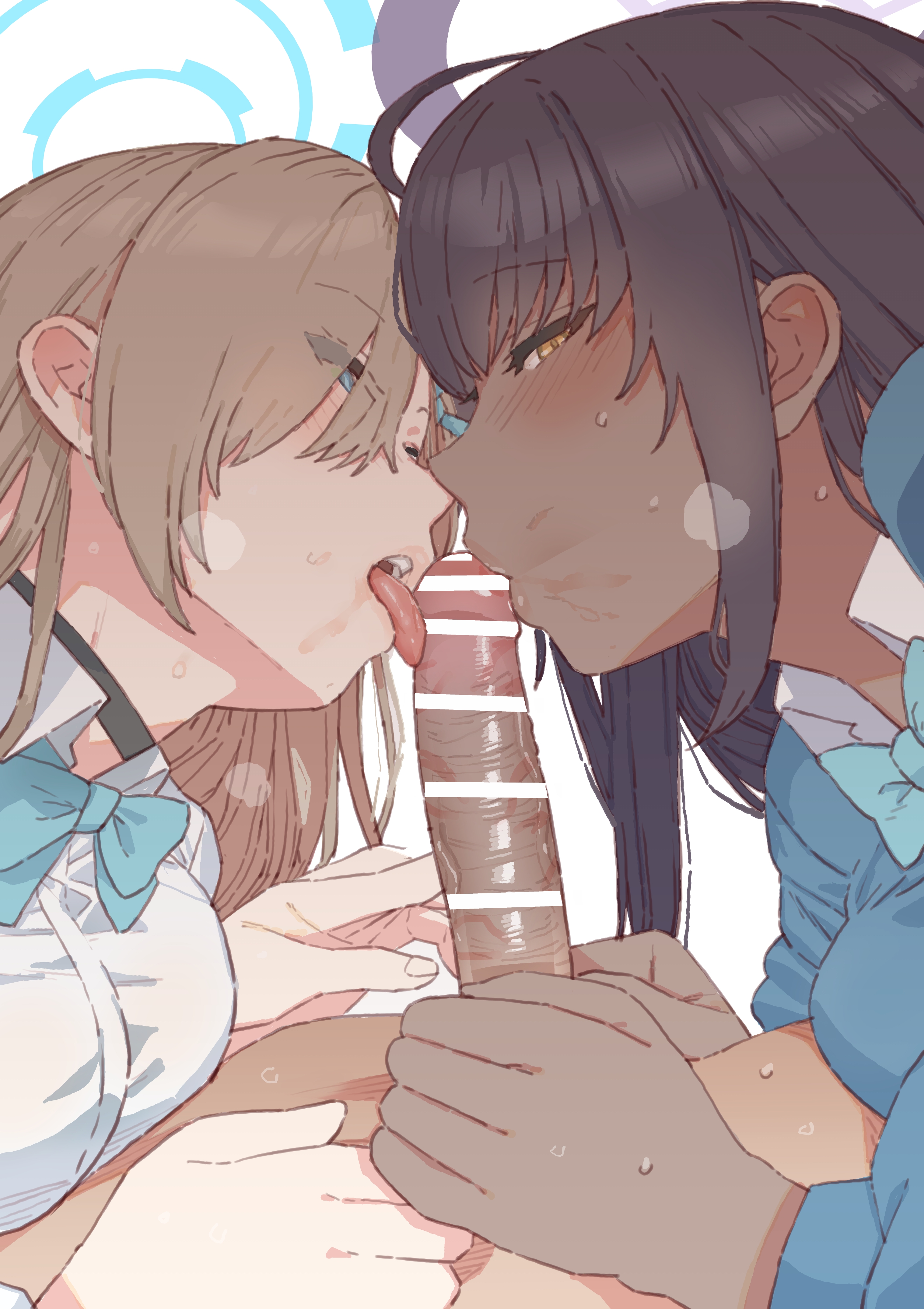 1boy, 2girls, asuna (blue archive), bar censor, black hair, black hair female, blue archive, blue eyes, blue eyes female, blue ribbon, censor bar, censored, censored penis, cleaning & clearing (blue archive), cock, dark body, dark skin, dark-skinned female, dick, eyebrows visible through hair, eyelashes visible through hair, female, genitals, hair over one eye, karin (blue archive), kiss, kissing penis, licking penis, light skin, light-skinned female, light-skinned male, male, millennium science school student, mo (kireinamo), mosouko, neck ribbon, open mouth, penis, ribbon, tongue, tongue out, woman, yellow eyes