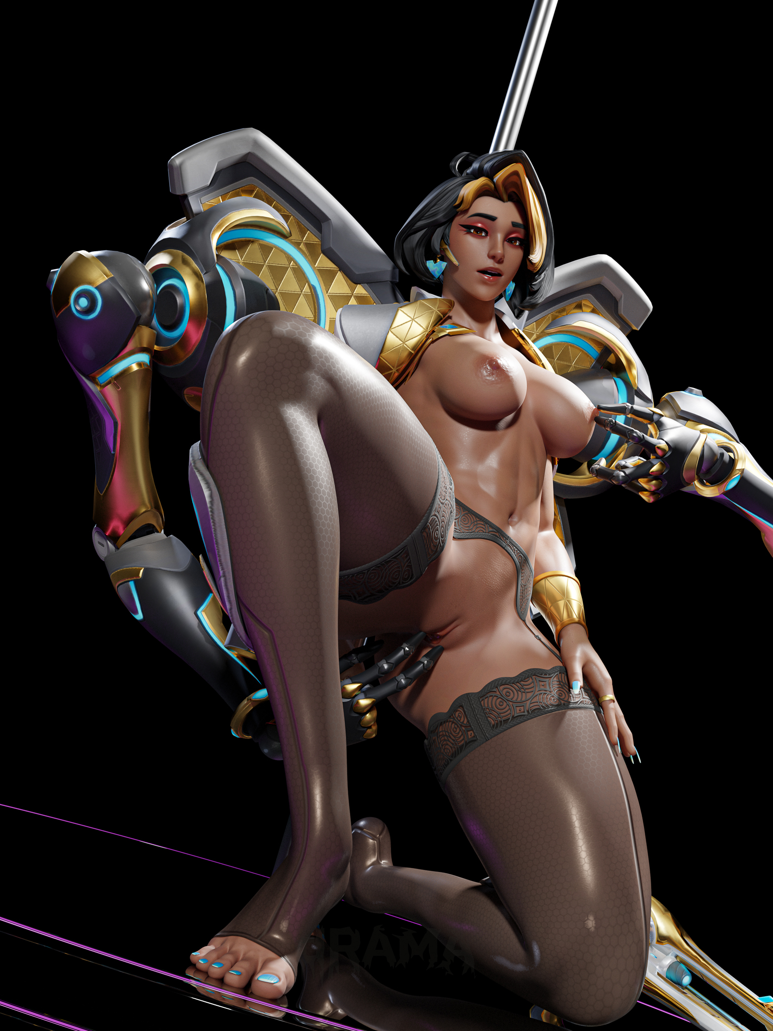 3d, 3d (artwork), blue toenails, domina, feet, lingerie, nipple pinch, nipples, overwatch, pole, pussy, robotic arm, stirrup stockings, wickeddrama