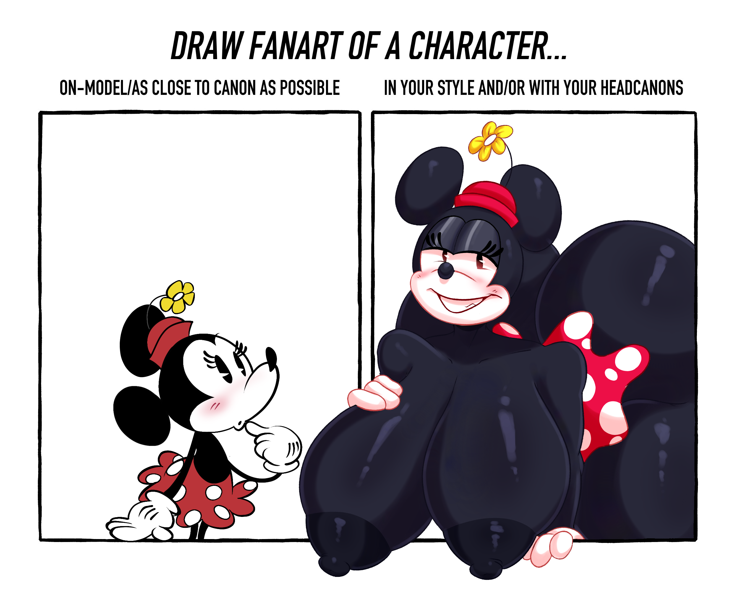 1girl, 1girls, 2girls, anthro, big breasts, black areola, black body, blush, canon, canon vs fanon, disney, disney princess, fanon design, female, hat, hat flower, high heels, looking at viewer, mickey mouse & friends, mickey mouse shorts, minnie mouse, mouse, mouse girl, nipples, nude, nude female, rabbit5gamer, seductive look, smile, voluptuous, walt disney, walt disney pictures