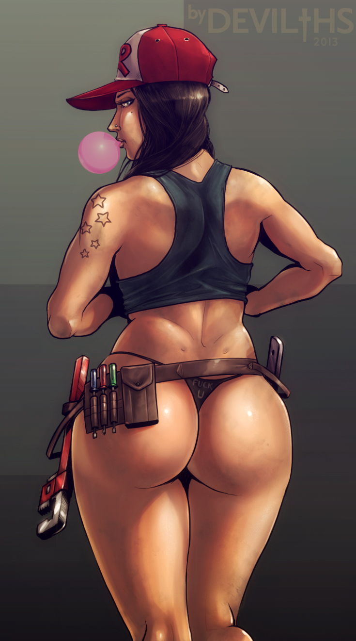 2013, ass, athletic, athletic female, back boob, bare legs, baseball cap, belt, biceps, breasts, brown hair, bubble ass, bubble butt, bubble gum, busty, cap, crop top, devil hs, dimples of venus, female, female focus, female only, g-string, hat, hourglass figure, long hair, mechanic, nose piercing, original, original characters, piercing, pinup, pinup pose, pose, posing, rear view, solo, standing, tank top, tattoo, toned, toned female, tools, unnamed character, wide hips, worker