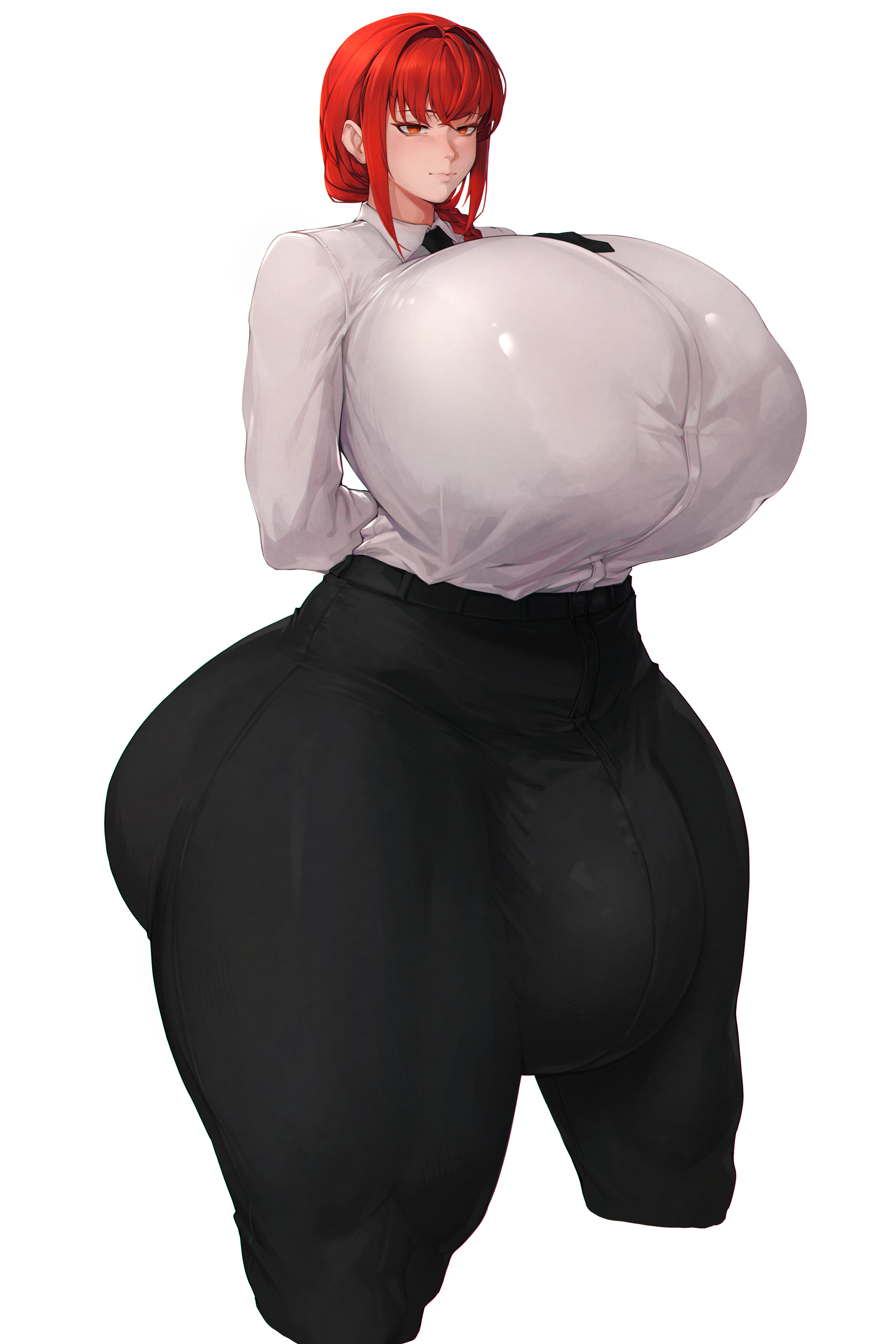 1futa, 2d, boobs, breasts, bulge, busty, chainsaw man, clothed, clothing, fully clothed, futa, futa only, futanari, hi res, highres, huge breasts, intersex, light skin, light-skinned futa, long hair, makima (chainsaw man), plain background, red hair, redhead, simple background, solo, solo futa, thick thighs, thighs, white background, zer0artzer0