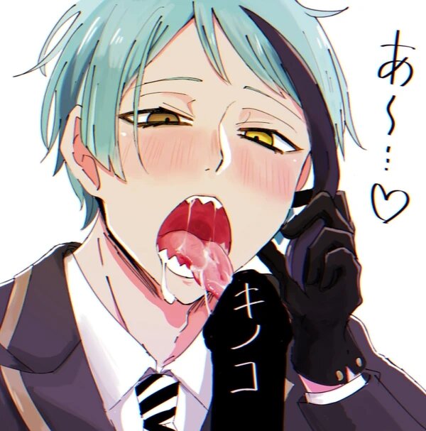 adjusting hair, blush, censored, censored penis, clothed, gay, heterochromia, jade leech, licking penis, long tongue, looking at penis, male, male only, male/male, open mouth, oral, penis, saliva on tongue, sharp teeth, twisted wonderland, yaoi