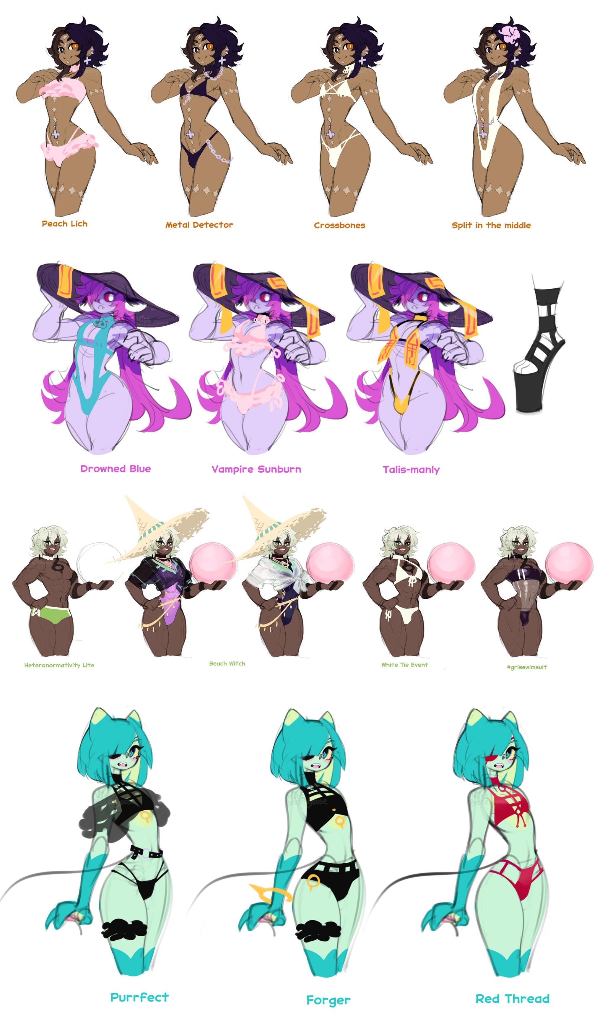 4boys, alternate costume, athletic, athletic femboy, athletic male, bao bao (kittbetelgeuse), beachball, belly button piercing, bikini, bikini bulge, black hair, blue eyes, body markings, brown hair, bulge through clothing, catboy, character sheet, chest window, choker, crossdressing, dark-skinned femboy, dark-skinned male, different outfits, ear piercing, eye covering bang, femboy, femboy only, feminine male, glasses, green eyes, gris swimsuit, hand on hip, heels, high heels, jiangshi, kittbetelgeuse, lucius (kittbetelgeuse), male in bikini, multiple boys, muscular, muscular femboy, muscular male, navel, one-piece swimsuit, orange eyes, pink hair, platform heels, purple skin, red sclera, seph (kittbetelgeuse), skinny, skinny male, speedo, swimsuit, swimwear, thin waist, twink, twunk, vampire, vampire boy, vampire femboy, velo (kittbetelgeuse), white hair, witch, witch boy, witch hat