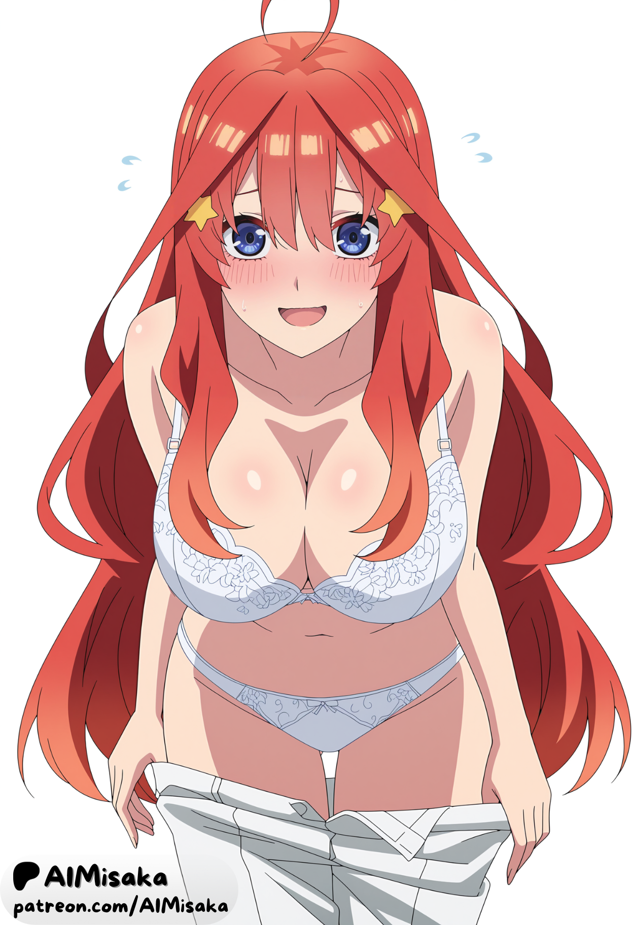 :d, 1girls, ahoge, ai generated, aimisaka, bare shoulders, blue eyes, blush, bra, breasts, cleavage, clothes pull, collarbone, double-parted bangs, female, female only, flying sweatdrops, go-toubun no hanayome, hair between eyes, hair ornament, large breasts, leaning forward, long hair, looking at viewer, nakano itsuki, navel, nervous smile, open mouth, panties, pants, pants pull, pulled by self, red hair, sidelocks, simple background, smile, solo, standing, star (symbol), star hair ornament, stomach, sweat, thigh gap, thighs, underwear, undressing, very long hair, white background, white bra, white panties, white pants
