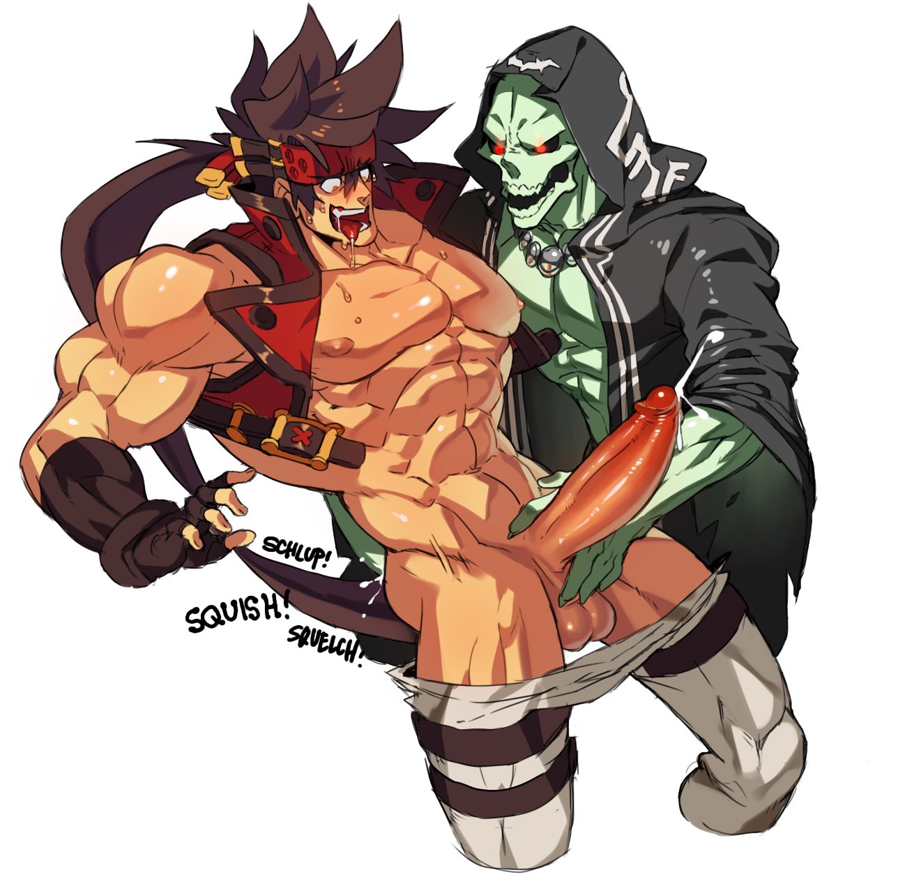 2boys abs ahe_gao amber_eyes anal_fingering arc_system_works artist_request bara blizzard_entertainment brown_hair cum cum_while_penetrated cumshot drooling erect_nipples erection exposed_nipples fingering fingerless_gloves forehead_protector gay glowing_eyes green_skin guilty_gear holding_penis huge_cock long_penis male_only na_insoo necklace open_jacket orgasm orgasm_face pants_down pecs pleasure_face ponytail red_eyes rennik saliva_drip skull_face sol_badguy tied_hair tongue_out