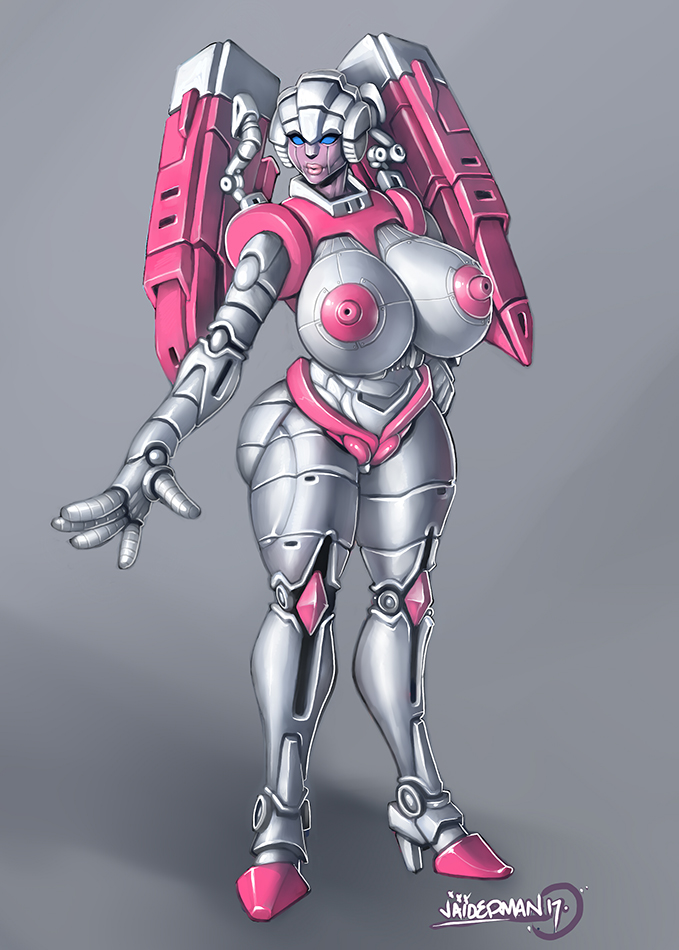 arcee artist_name blue_eyes cybertronian female metal_bikini pink_nipples robot robot_girl robot_humanoid simple_background solo_female standing technophilia transformers vaiderman xxxbattery