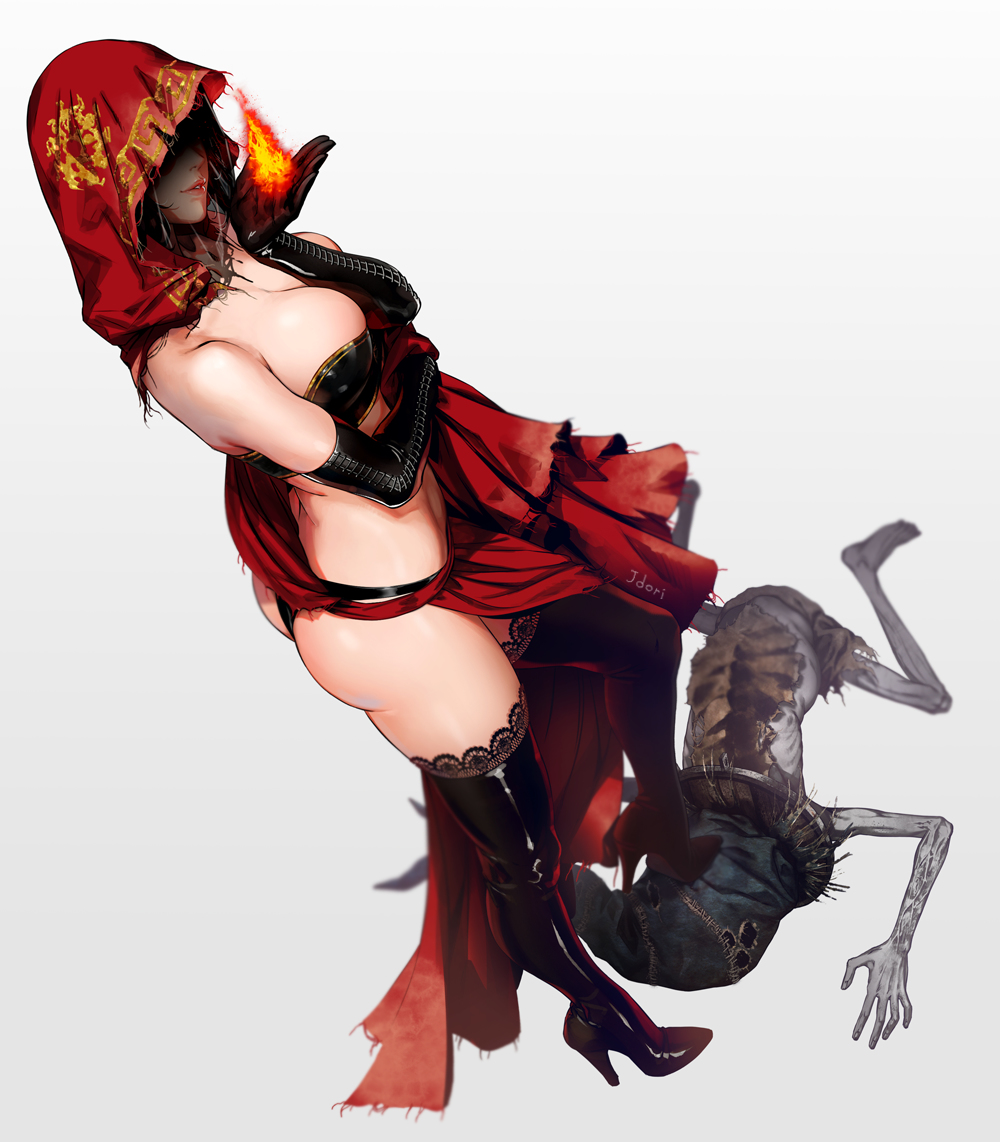 1girls, armwear, ass, black legwear, black underwear, breasts, clothed, dark souls, dark souls 2, dark souls 3, desert sorceress, elbow gloves, female, fire, fromsoftware, gloves, high heels, hood, jdori, light skin, light-skinned female, magic, skirt, stepped on, thighhighs, thrall (dark souls), tubetop, white background