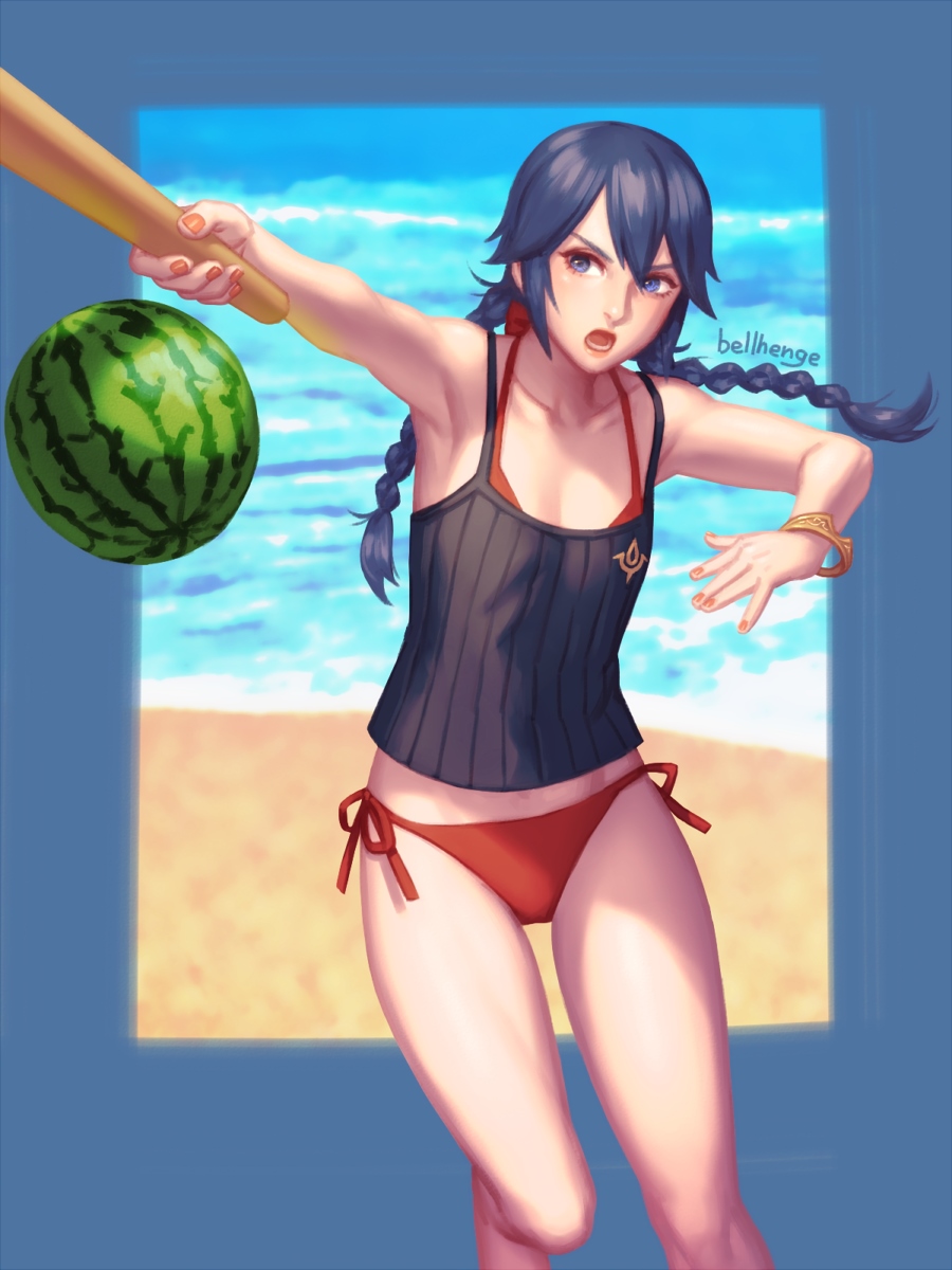 alternate_hairstyle beach bellhenge bikini bikini_bottom bikini_under_clothes blue_hair braid breasts female fire_emblem fire_emblem_awakening food fruit highres lucina_(fire_emblem) md5_mismatch nail_polish orange_nails paint.net_(medium) red_bikini resolution_mismatch small_breasts solo source_smaller stick swimsuit tank_top twin_braids twintails watermelon