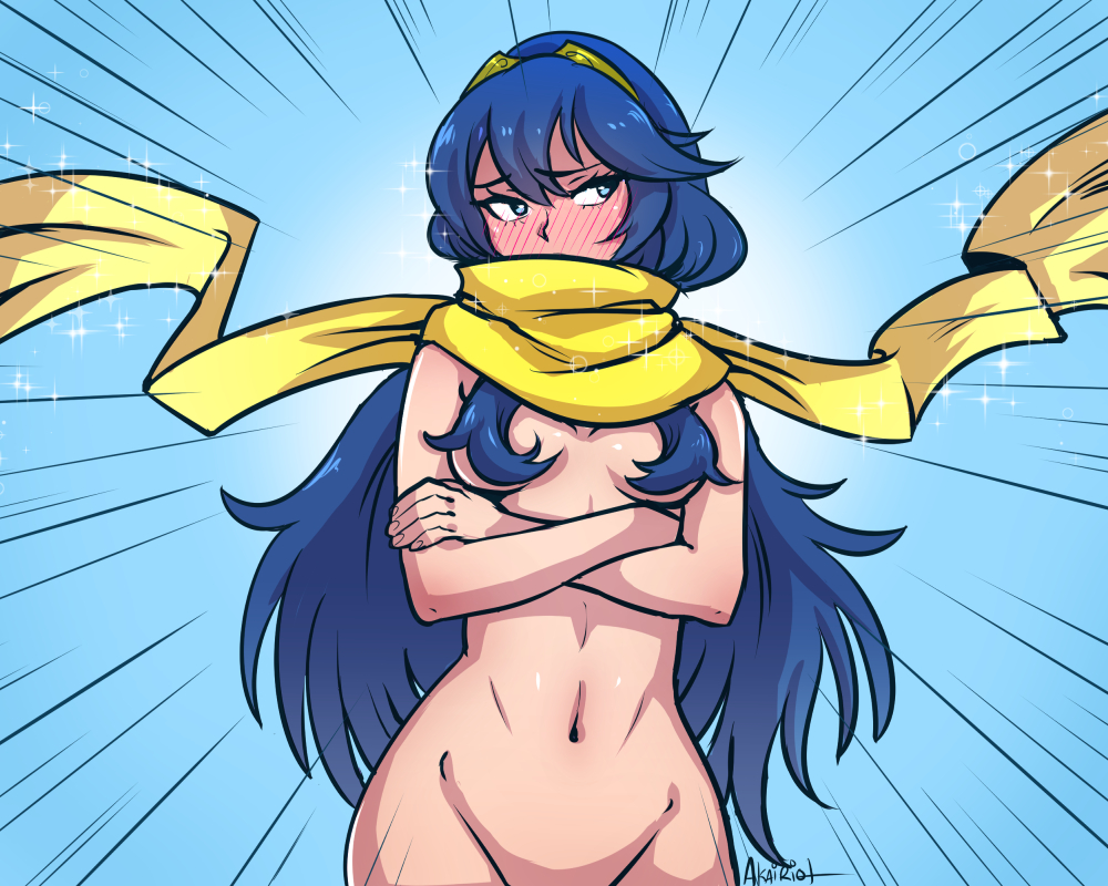 akairiot bad_id bad_tumblr_id blue_hair blush convenient_censoring covered_mouth crossed_arms crossover embarrassed embarrassed_nude_female emphasis_lines enf female fire_emblem fire_emblem_awakening full-face_blush hair_censor long_hair looking_away lucina_(fire_emblem) naked_scarf ninja_slayer nintendo nude out-of-frame_censoring scarf solo sparkle tiara