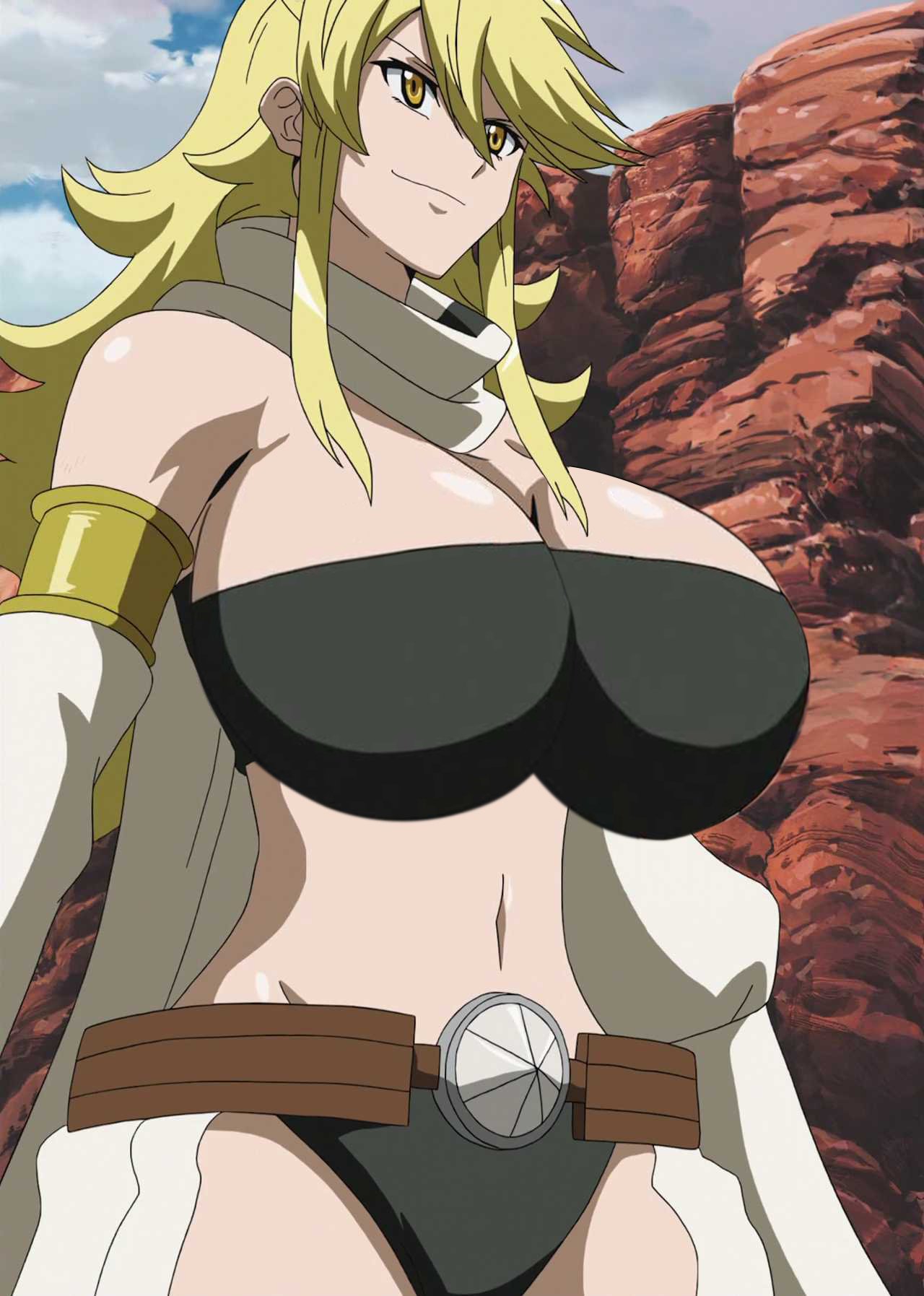 1girls akame_ga_kill! alternate_breast_size anime_edit belt blonde_hair breasts cleavage cloud edit female female_only huge_breasts large_breasts leone_(akame_ga_kill!) mountain navel photoshop redwizard screencap smile solo solo_female solo_focus standing stitched yellow_eyes yellow_hair