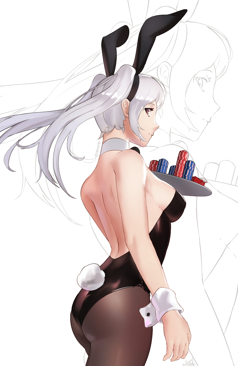 1girls, animal ears, ass, back, bare back, big breasts, breasts, brown eyes, bunny ears, bunny girl, bunny tail, bunnysuit, choker, female, fire emblem, fire emblem awakening, highres, looking at viewer, looking back, medium breasts, nintendo, poker chip, robin (fire emblem), robin (fire emblem) (female), silver hair, solo, spiffydc, tail, twintails