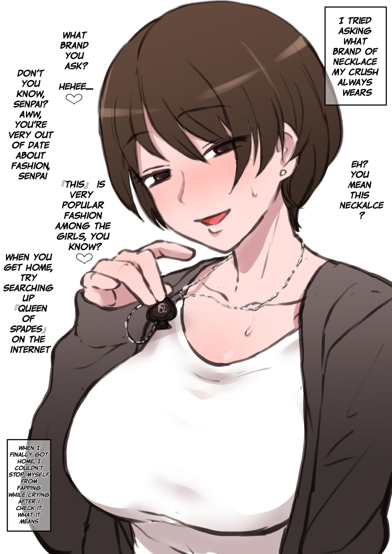 1girls, breasts, cuckold, english text, female, humiliation, large breasts, looking at viewer, necklace, queen of spades, solo, terasu mc, text