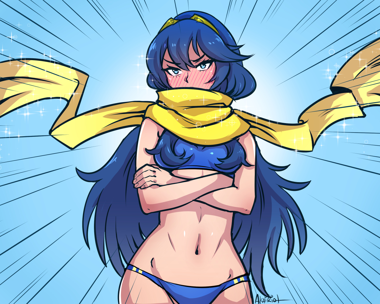 akairiot, bad id, bad tumblr id, bikini, blue hair, blush, crossed arms, crossover, emphasis lines, female, fire emblem, fire emblem awakening, full-face blush, groin, long hair, lucina (fire emblem), ninja slayer, nintendo, scarf, solo, swimsuit, tiara