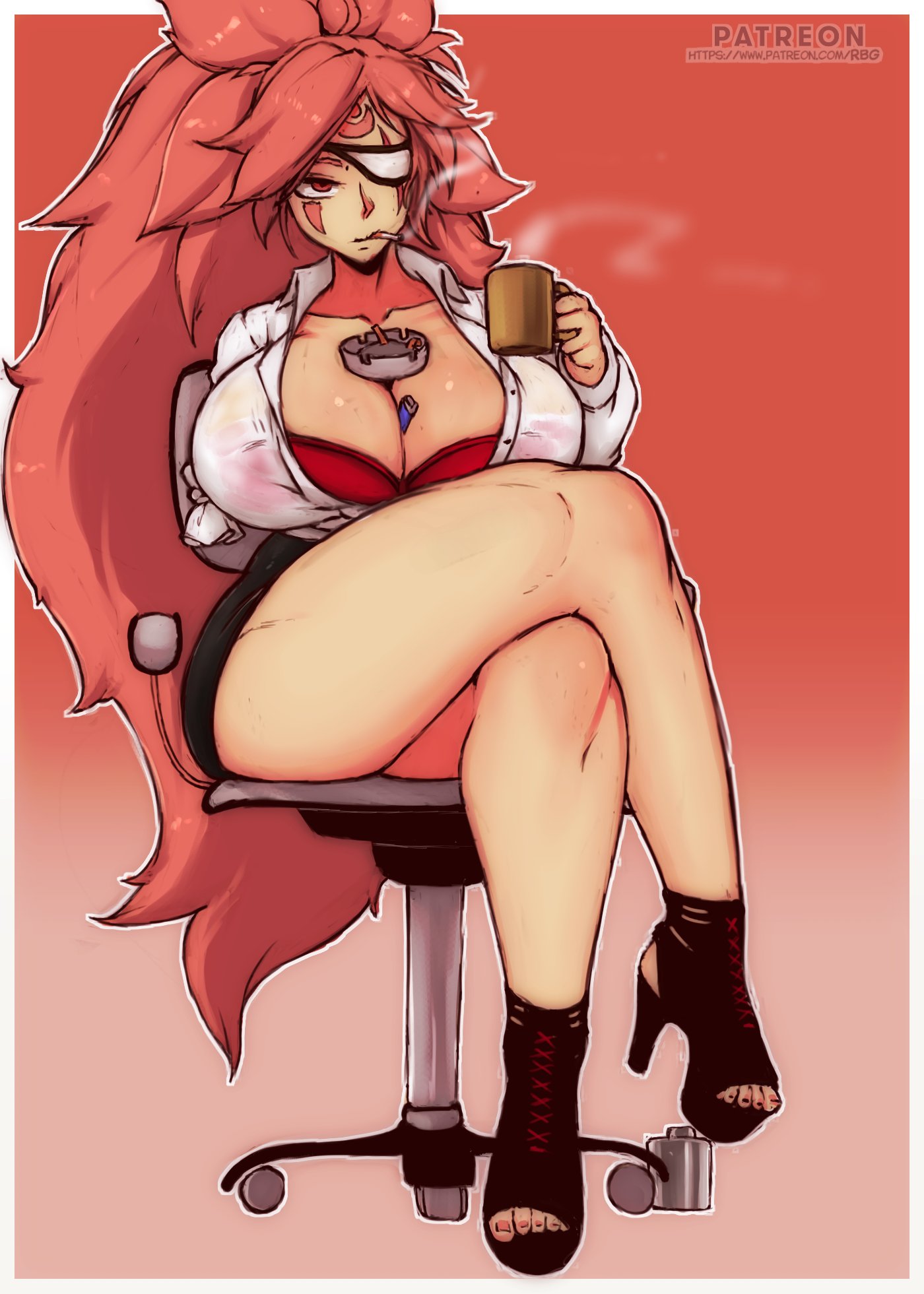 1girls, ashtray, baiken, big breasts, breasts, cigarette, cleavage, coffee, crossed legs, eye patch, face tattoo, female, female only, guilty gear, guilty gear xrd, heels, high heels, holding object, huge breasts, large breasts, legs crossed, lighter, long hair, looking at viewer, low cut top, miniskirt, missing arm, mug, object on breast, office chair, office lady, one eye covered, open toe shoes, painted nails, painted toenails, pink hair, ponytail, randomboobguy, simple background, sitting, sitting on chair, smoking, solo, tattoo, thick thighs