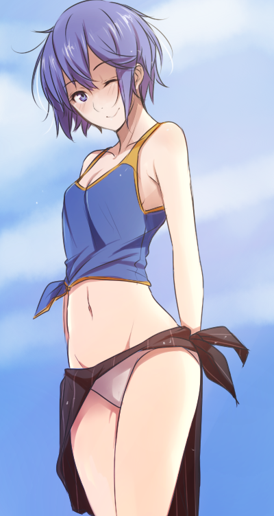 alternate_hairstyle bare_shoulders bikini bikini_bottom blue_eyes blue_hair breasts cleavage female fire_emblem fire_emblem_awakening groin lucina_(fire_emblem) medium_breasts messy_hair midriff navel nintendo one_eye_closed sarong shirt short_hair sleeveless sleeveless_shirt solo source_request swimsuit tied_shirt tusia