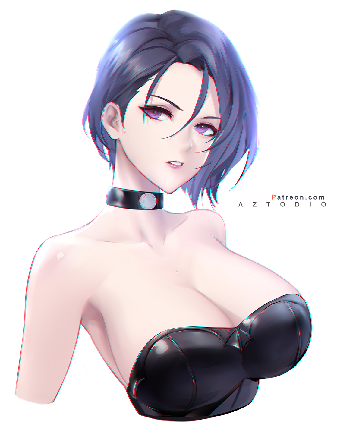 1girls, alternate breast size, artist name, azto dio, bare shoulders, big breasts, black choker, blue hair, breasts, bustier, choker, cleavage, clothed female, collarbone, commentary, english commentary, female, female focus, female only, fire emblem, fire emblem: three houses, highres, huge breasts, large breasts, lips, looking to the side, mature female, nintendo, parted lips, patreon username, purple eyes, purple hair, shamir nevrand, short hair, simple background, solo, solo female, solo focus, upper body, white background
