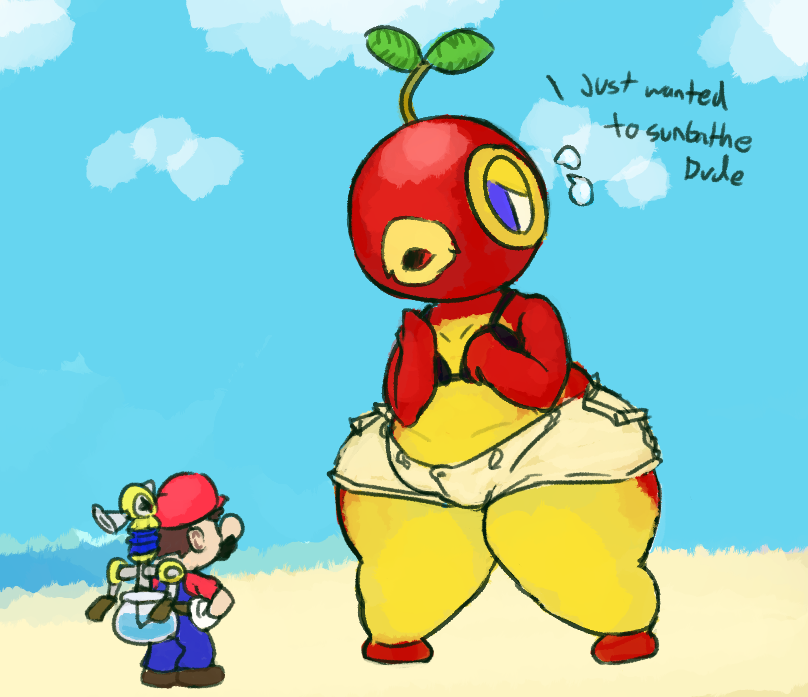 anthro beach big_hips blue_eyes bra fludd hips mario mario_(series) mote-of-ash nintendo plungelo sad shorts size_difference sprout super_mario_sunshine thick_thighs thighs thunder_thighs unknown_gender worried