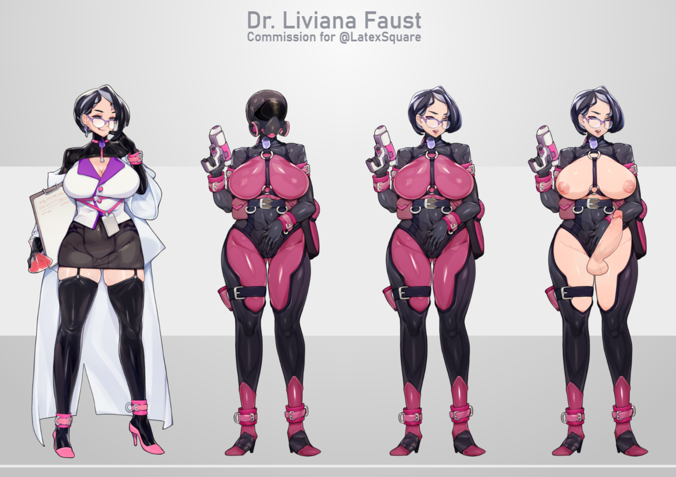 1futa, 1girls, areolae, big breasts, big penis, black hair, bodysuit, breasts, character sheet, clothed, clothing, english text, erection, female, full body, fully clothed, functionally nude, futa only, futanari, garter belt, helmet, high heels, human, intersex, labcoat, latex, licking, licking lips, original character, oujuo1, pale skin, penis, robe, scientist, short hair, skindentation, solo, solo futa, standing, text, thick thighs, thighhighs, tight clothing, tongue, tongue out, voluptuous, weapon