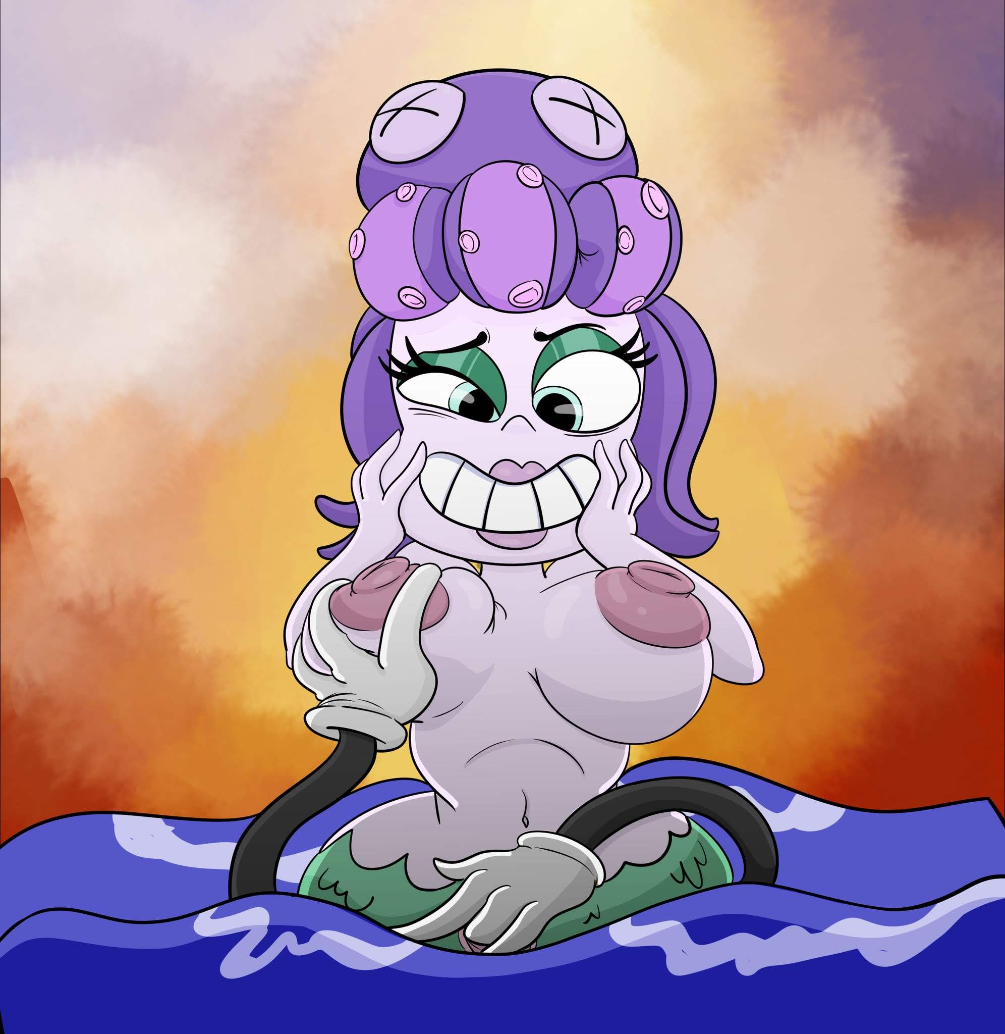 bedroom eyes, cala maria, cuphead (game), disembodied hands, enjoying, female, hands, merfolk, mermaid, ocean, pussy, sea